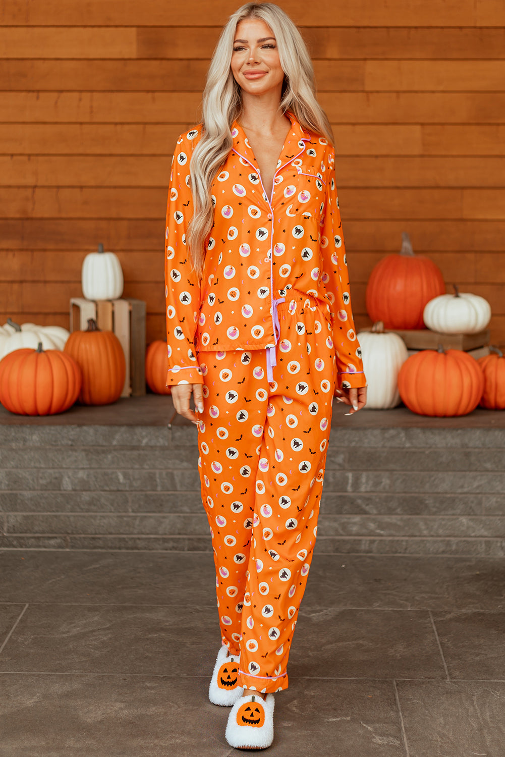 Orange Halloween Print Lapel Shirt Long 2pcs Pajama Set-Loungewear & Sleepwear/Sleepwear-[Adult]-[Female]-2022 Online Blue Zone Planet