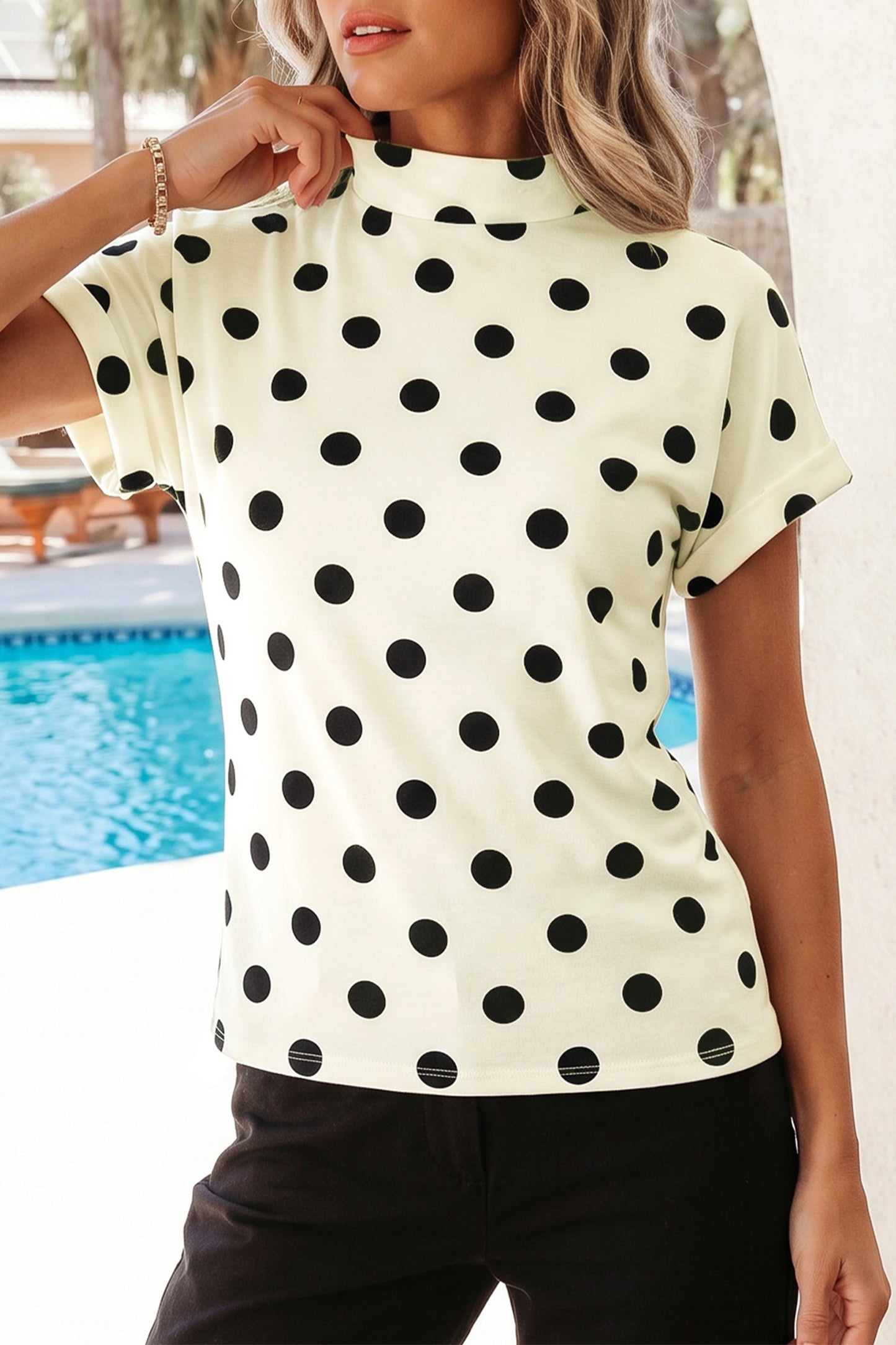 Beige Polka Dot Print High Neck Dolman Top-Tops/Tops & Tees-[Adult]-[Female]-2022 Online Blue Zone Planet