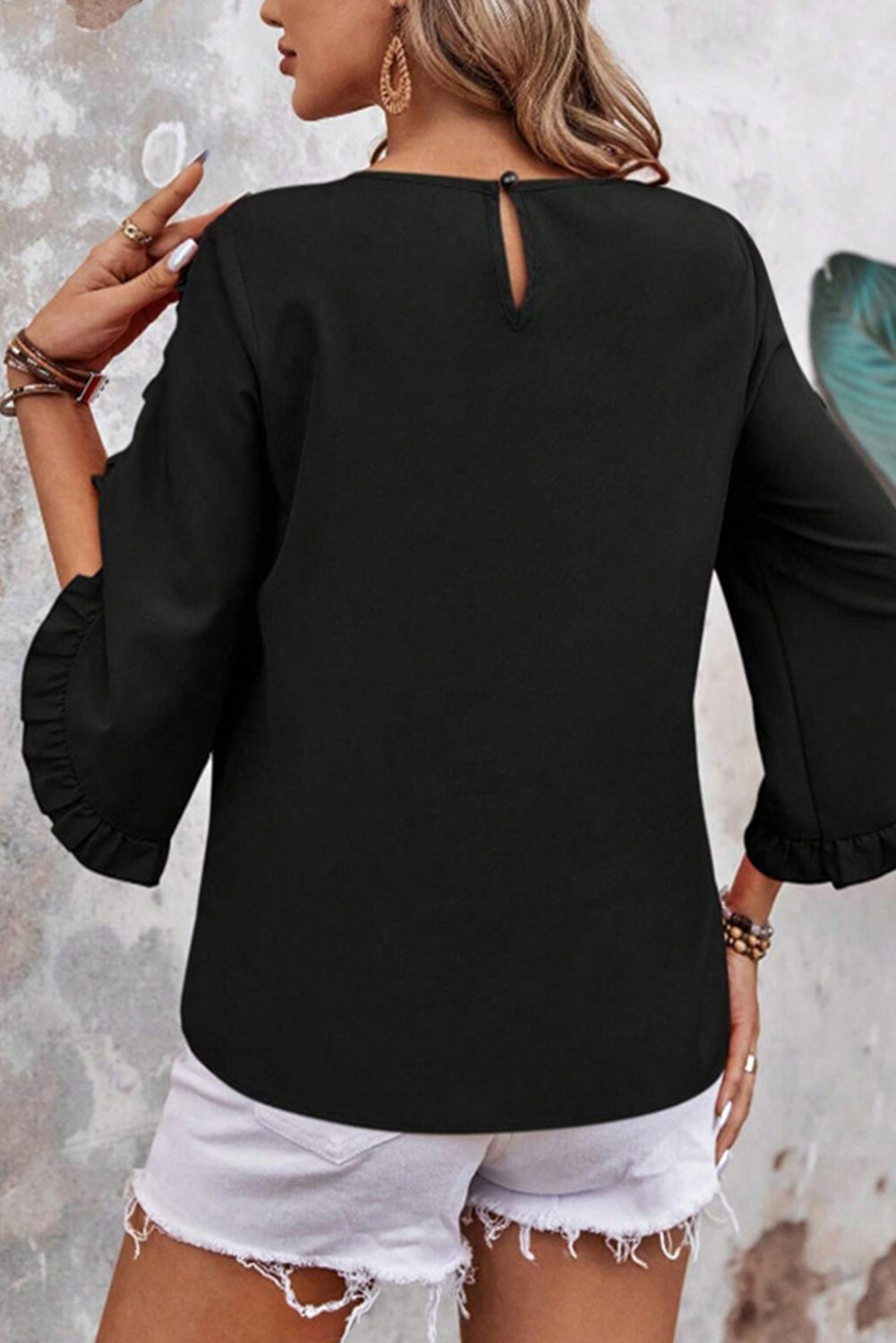 Black Ruffle Trimmed 3/4 Sleeve Round Neck Blouse-Tops/Blouses & Shirts-[Adult]-[Female]-2022 Online Blue Zone Planet