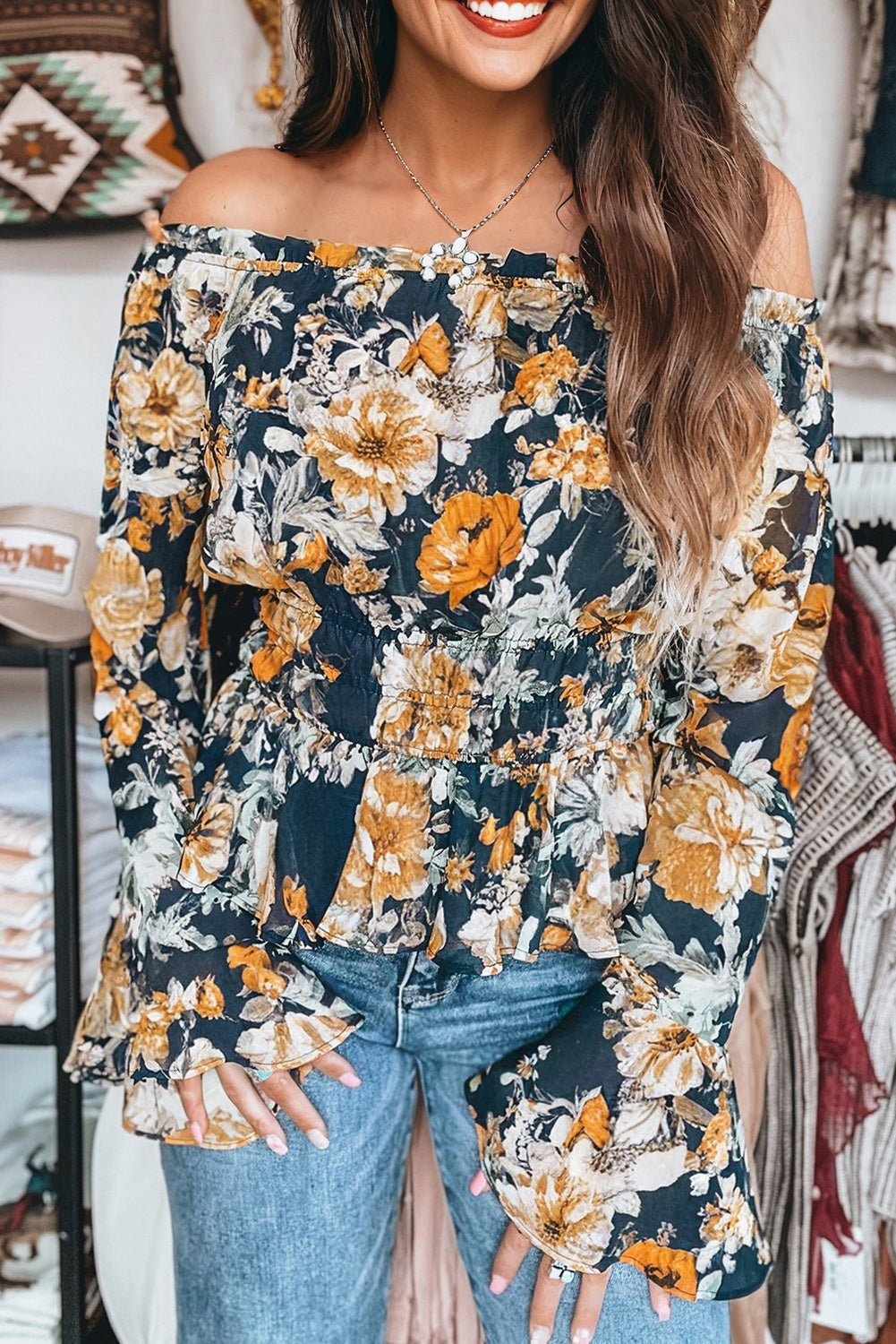 Blue Floral Off Shoulder Bell Sleeve Smocked Peplum Top-Tops/Blouses & Shirts-[Adult]-[Female]-2022 Online Blue Zone Planet