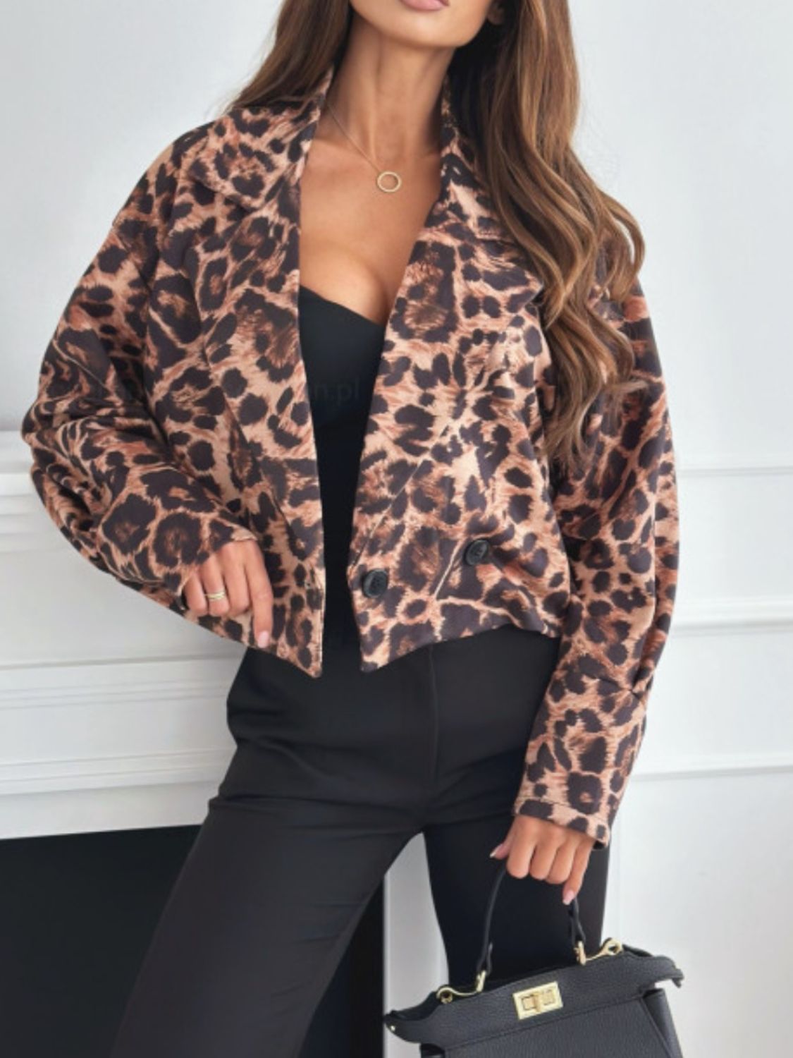 Leopard Collared Neck Cropped Jacket-TOPS / DRESSES-[Adult]-[Female]-2022 Online Blue Zone Planet