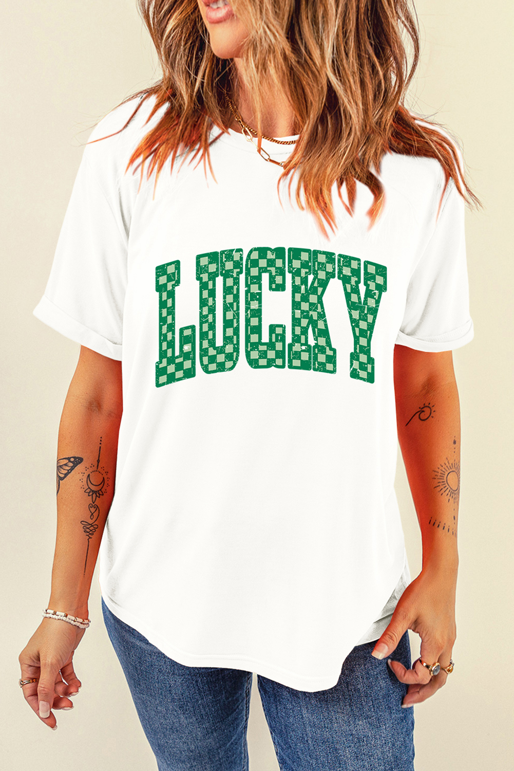 White Checkerboard LUCKY Graphic St Patrick Tee-Graphic Tees-[Adult]-[Female]-2022 Online Blue Zone Planet
