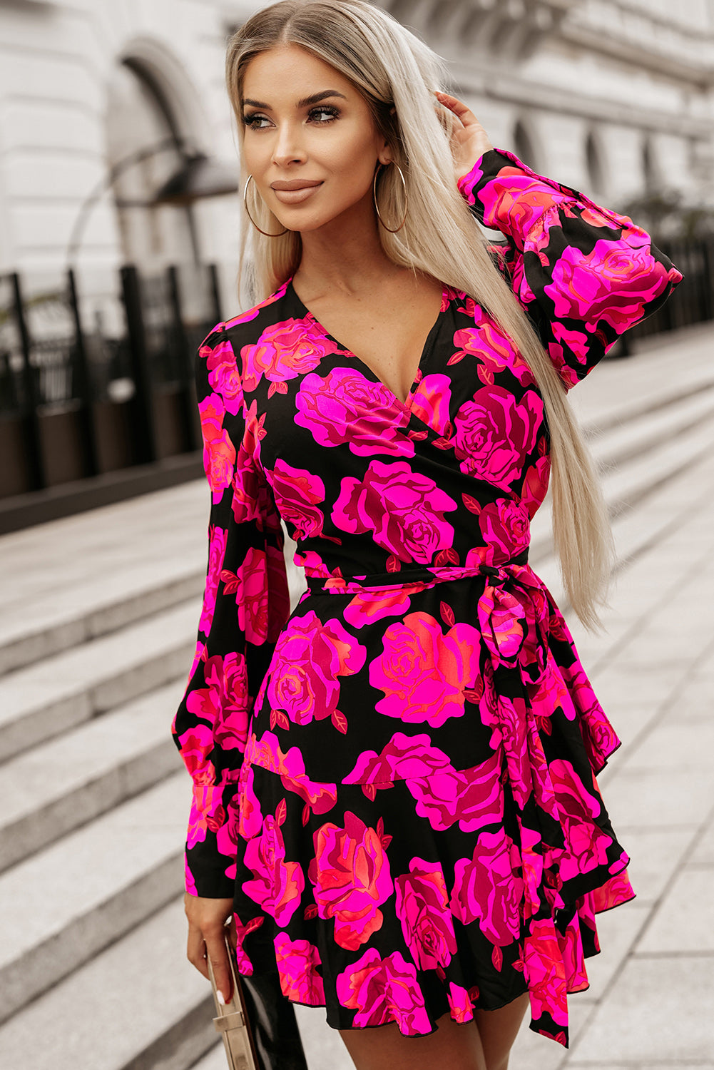 Blue Zone Planet | Rose Floral Print V Neck Wrap Bishop Sleeve Ruffle Tiered Mini Dress-TOPS / DRESSES-[Adult]-[Female]-2022 Online Blue Zone Planet