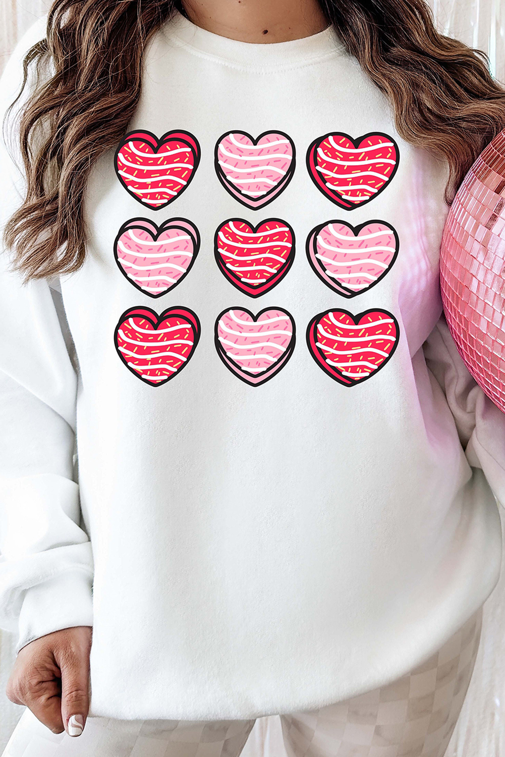 White Heart Graphic Crewneck Valentines Pullover Sweatshirt-Graphic Sweatshirts-[Adult]-[Female]-2022 Online Blue Zone Planet