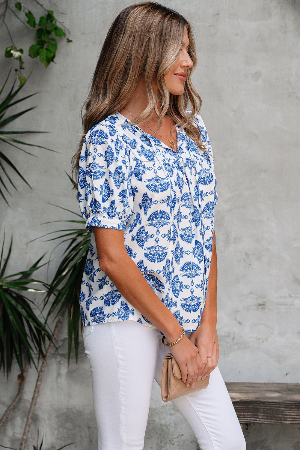Sky Blue Geometric Print Tassel Drawstring V Neck Blouse-Tops/Blouses & Shirts-[Adult]-[Female]-2022 Online Blue Zone Planet