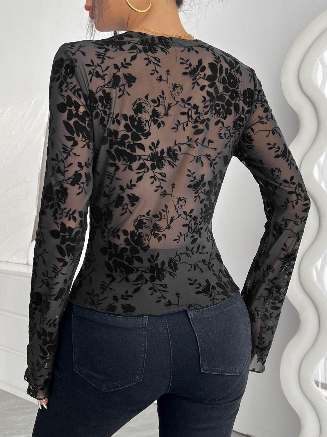 Floral V-Neck Long Sleeve Lace Top-TOPS / DRESSES-[Adult]-[Female]-2022 Online Blue Zone Planet