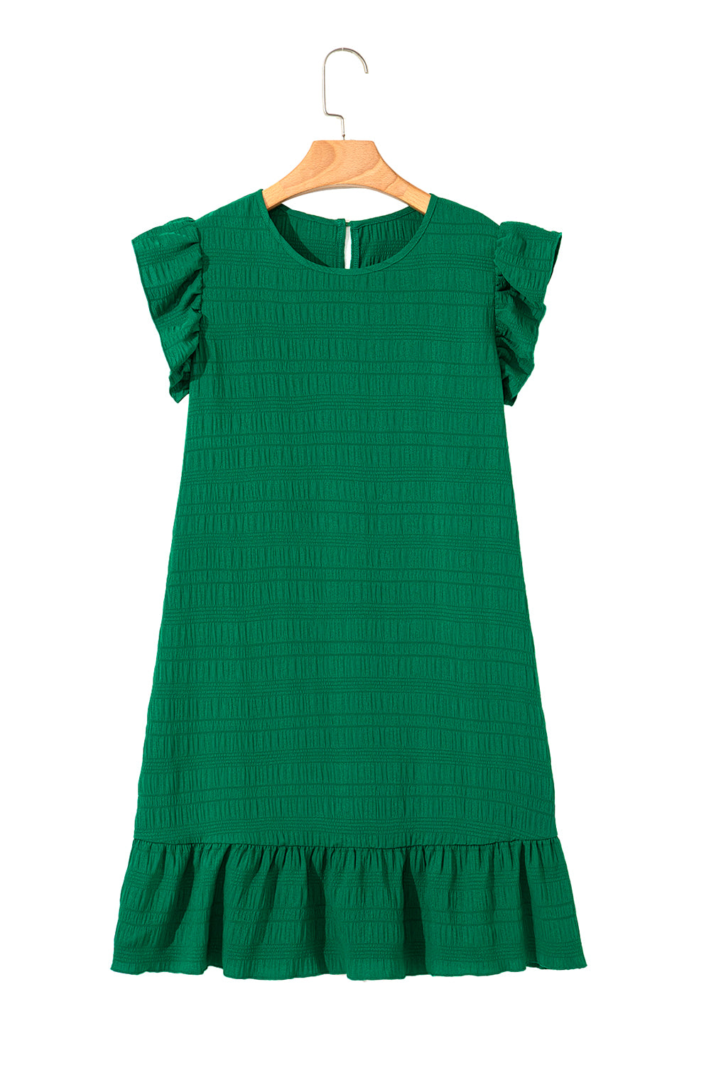 Dark Green Textured Flutter Sleeve Ruffled Mini Dress-TOPS / DRESSES-[Adult]-[Female]-2022 Online Blue Zone Planet