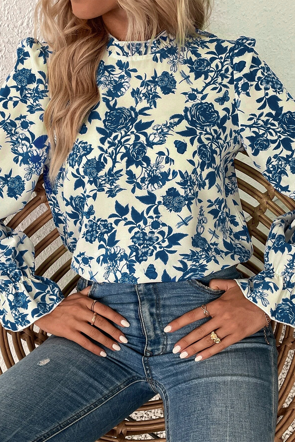 Sky Blue Floral Print Flounce Sleeve Keyhole Back Blouse-Tops/Blouses & Shirts-[Adult]-[Female]-2022 Online Blue Zone Planet