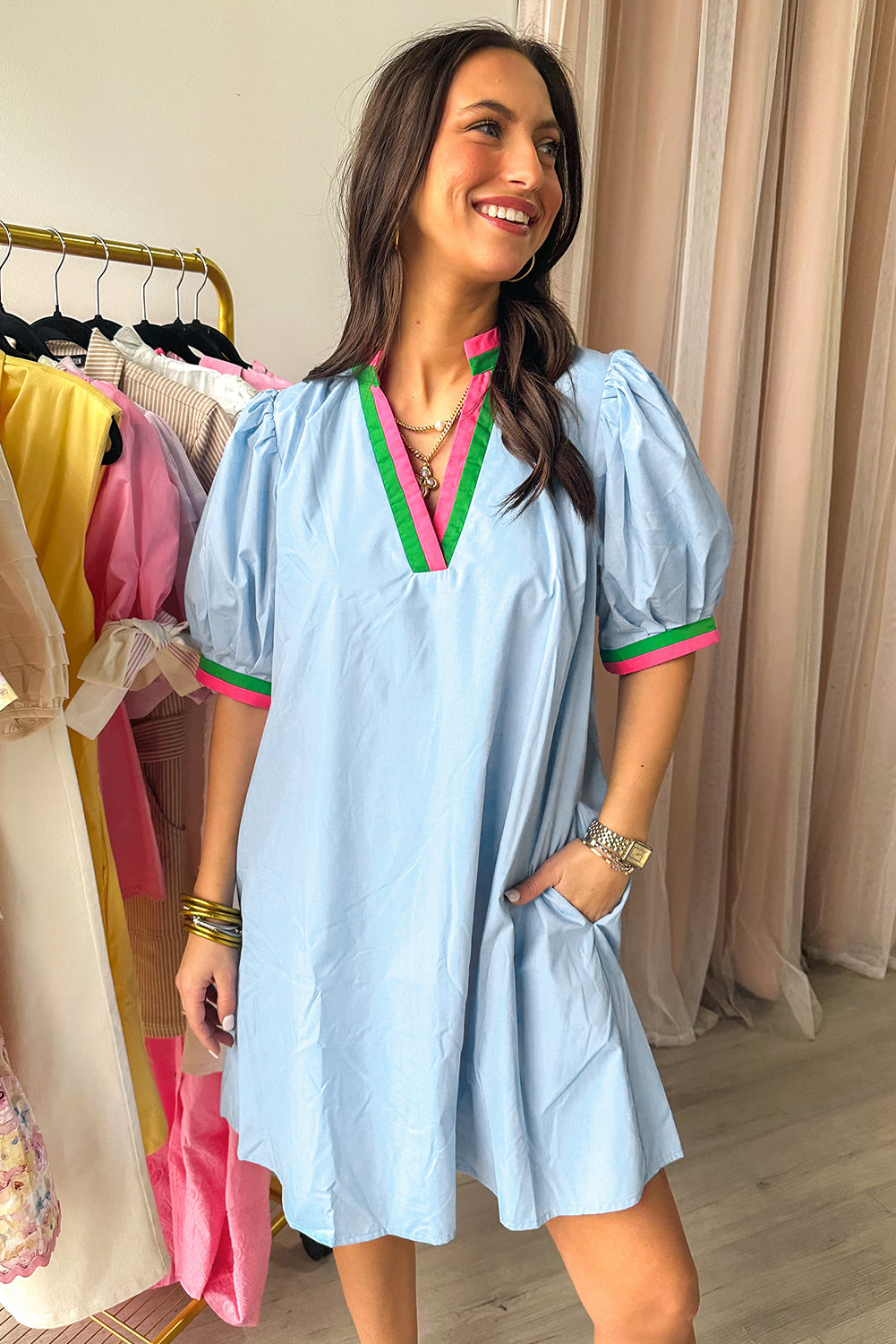Myosotis Contrast Striped Notched V Neck Puff Sleeve Mini Dress-TOPS / DRESSES-[Adult]-[Female]-2022 Online Blue Zone Planet