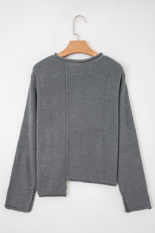 Medium Grey Raw Edge Uneven Hem Patchwork Drop Shoulder Sweater-TOPS / DRESSES-[Adult]-[Female]-2022 Online Blue Zone Planet