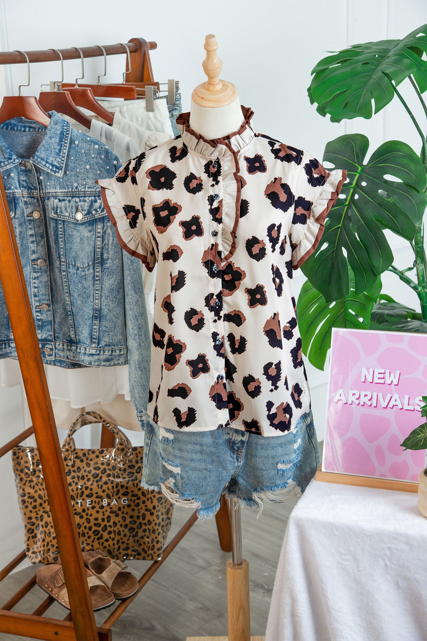 Khaki Leopard Printed Ruffle Sleeve Summer Blouse-Tops/Blouses & Shirts-[Adult]-[Female]-2022 Online Blue Zone Planet