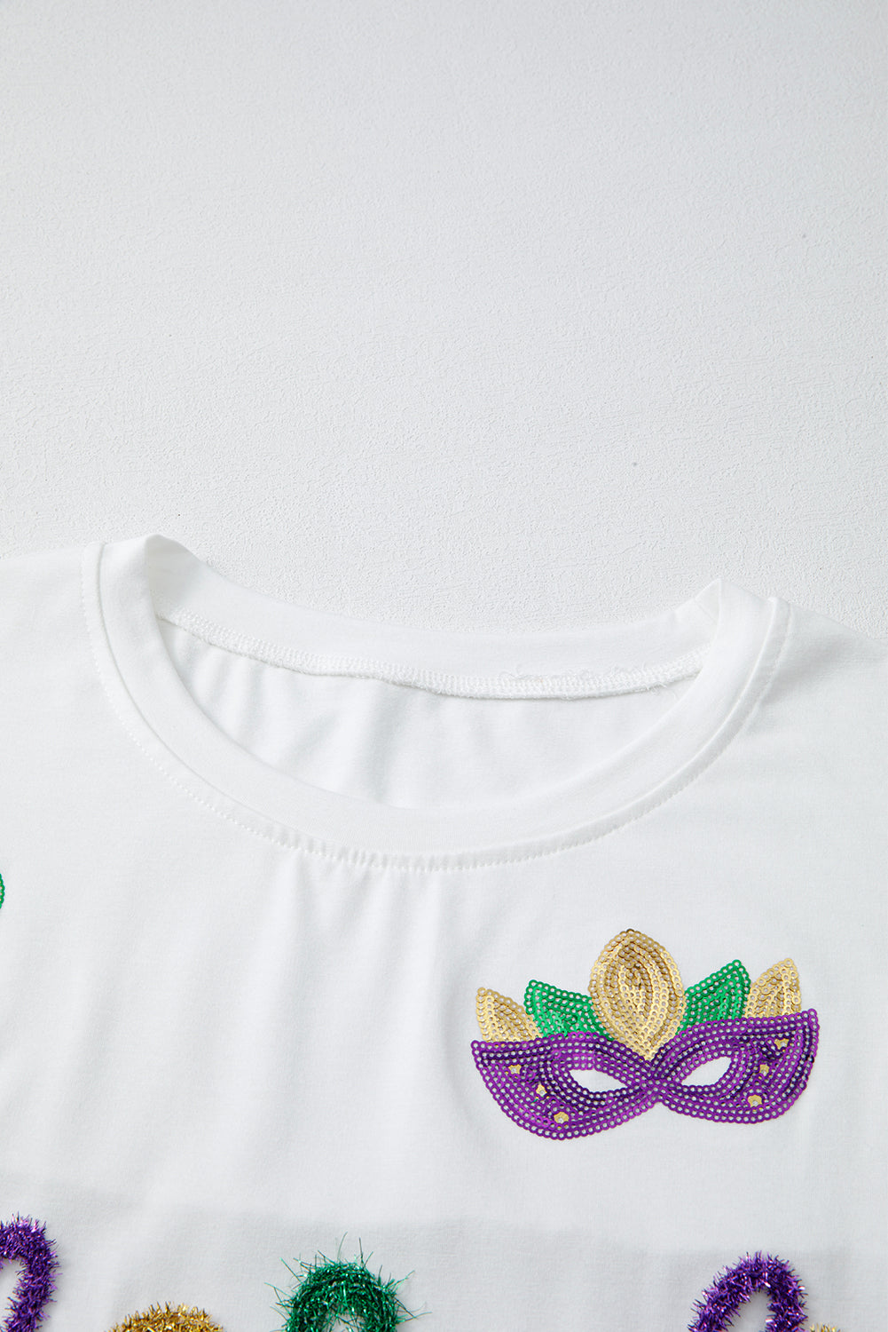 White Mardi Gras Tinsel Sequin Graphic T Shirt-Graphic/Graphic Tees-[Adult]-[Female]-2022 Online Blue Zone Planet