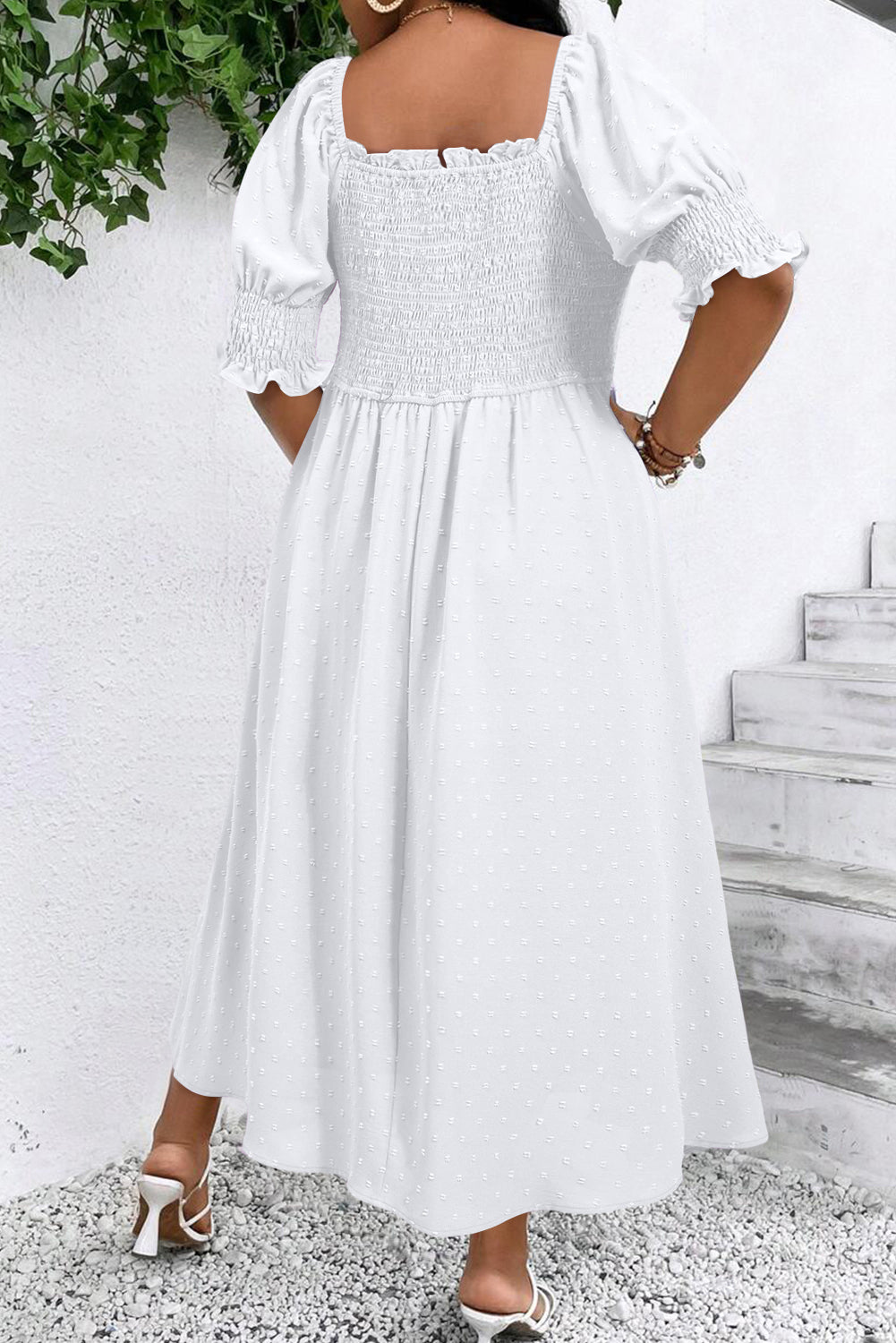 White Swiss Dot Smocked Frilled Neckline Short Sleeve Plus Size Dress-TOPS / DRESSES-[Adult]-[Female]-2022 Online Blue Zone Planet