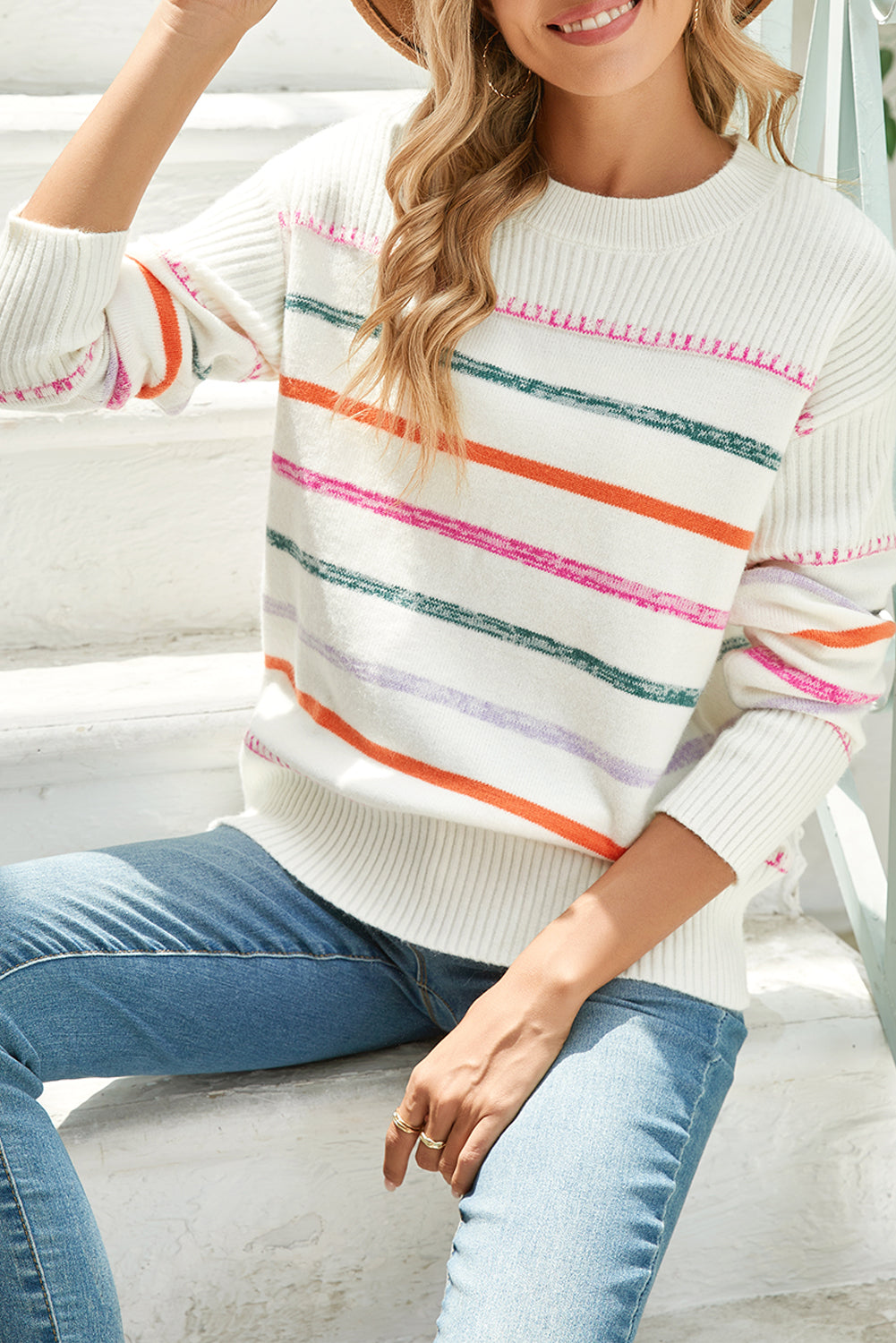 Blue Zone Planet | Black Colorful Striped Ribbed Trim Round Neck Sweater-Sweaters-[Adult]-[Female]-2022 Online Blue Zone Planet