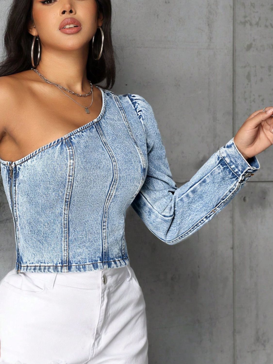 One Shoulder Long Sleeve Denim Top-TOPS / DRESSES-[Adult]-[Female]-2022 Online Blue Zone Planet