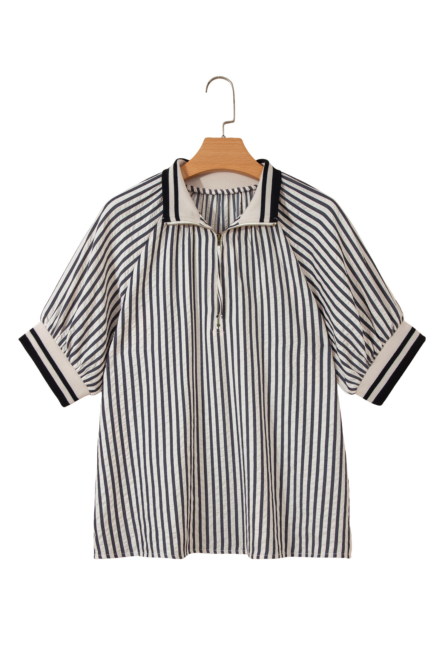 Black Stripe Polo Collar Half Zip Short Puff Sleeve Blouse-Tops/Blouses & Shirts-[Adult]-[Female]-2022 Online Blue Zone Planet