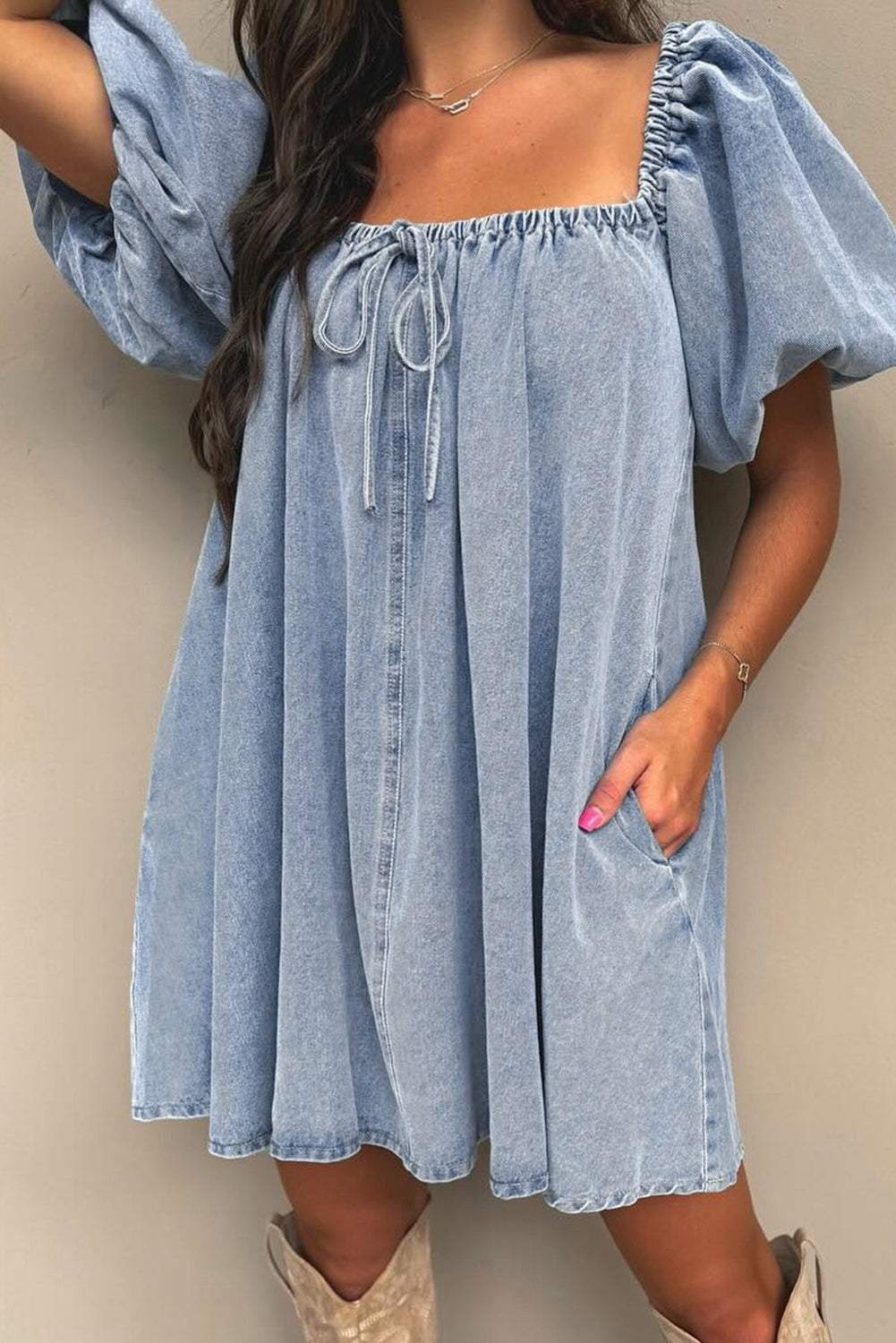 Myosotis Bubble Sleeve Square Neck Denim Babydoll Dress-Dresses/Mini Dresses-[Adult]-[Female]-2022 Online Blue Zone Planet