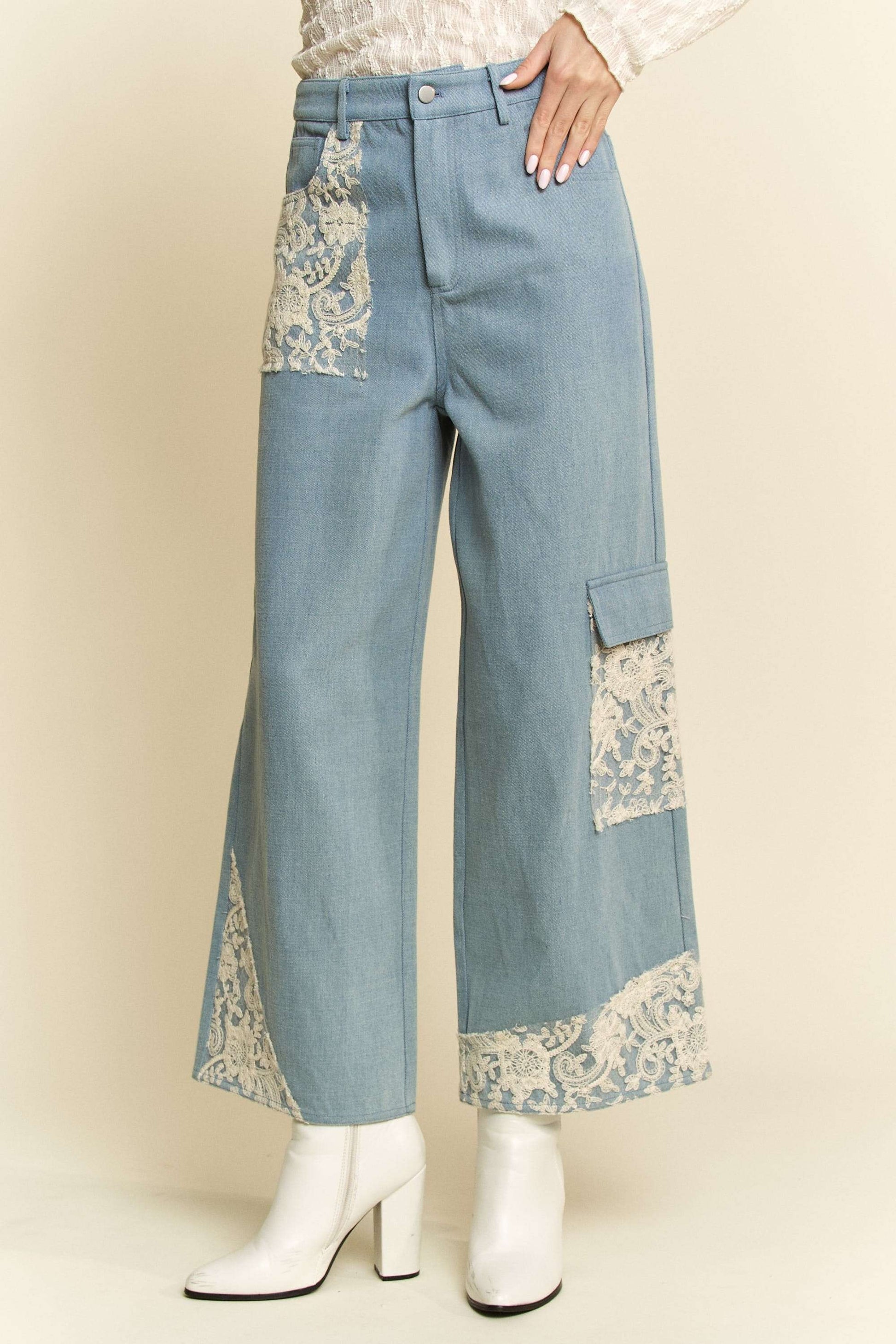 Davi & Dani Lace Applique Wide Leg Jeans-BOTTOMS-[Adult]-[Female]-2022 Online Blue Zone Planet