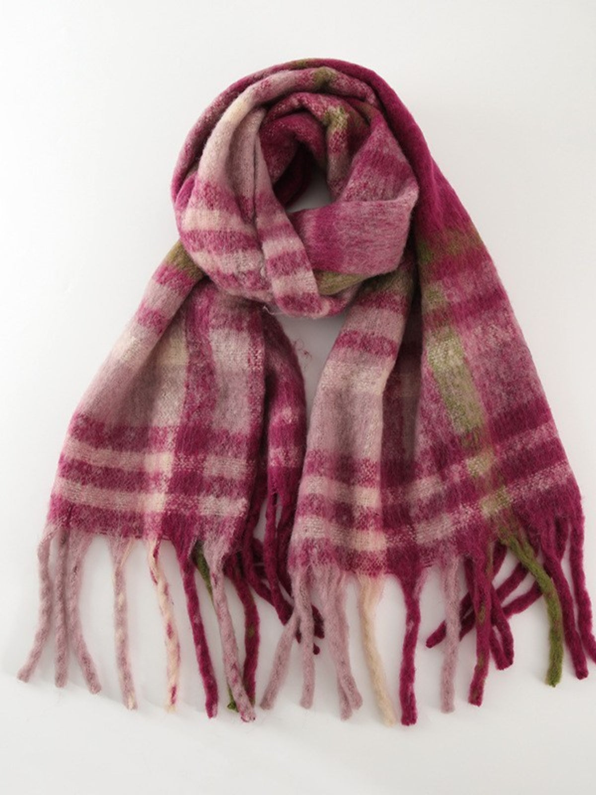 Fringe Plaid Polyester Scarf-SCARVES-[Adult]-[Female]-Cerise-One Size-2022 Online Blue Zone Planet