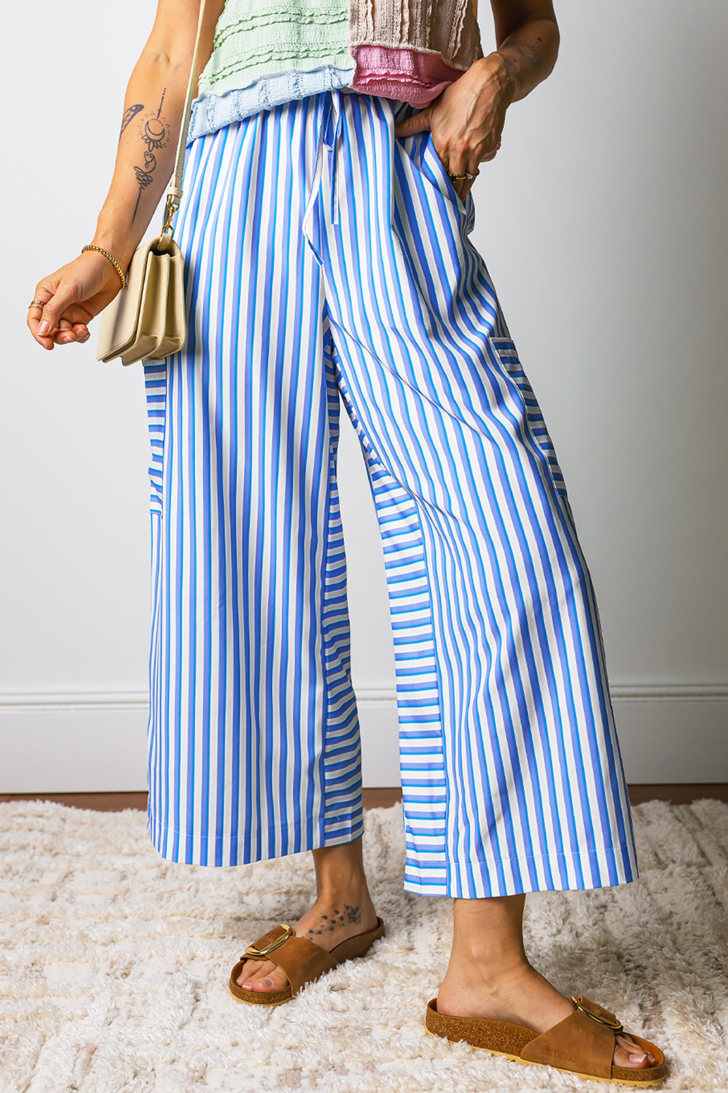 Sky Blue Stripe Drawstring Elastic Waist Patch Pocket Wide Leg Ankle-Length Pants-Bottoms/Pants & Culotte-[Adult]-[Female]-Sky Blue Stripe-S-2022 Online Blue Zone Planet