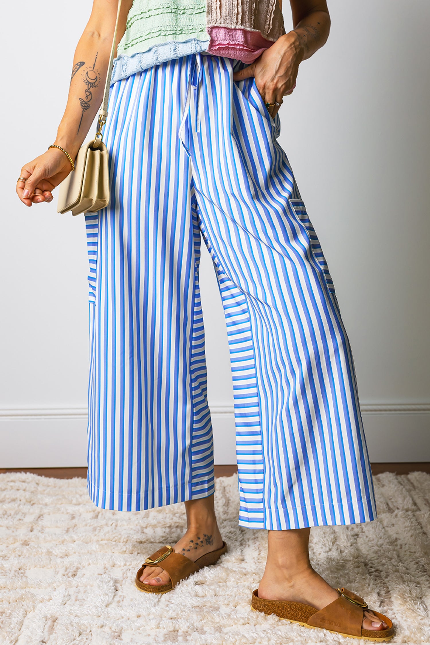 Sky Blue Stripe Drawstring Elastic Waist Patch Pocket Wide Leg Ankle-Length Pants-Bottoms/Pants & Culotte-[Adult]-[Female]-Sky Blue Stripe-S-2022 Online Blue Zone Planet