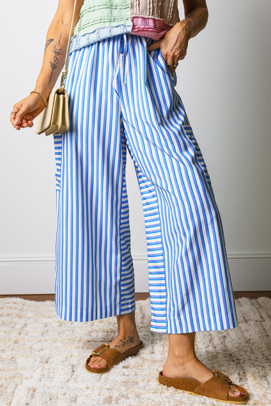 Sky Blue Stripe Drawstring Elastic Waist Patch Pocket Wide Leg Ankle-Length Pants-Bottoms/Pants & Culotte-[Adult]-[Female]-Sky Blue Stripe-S-2022 Online Blue Zone Planet
