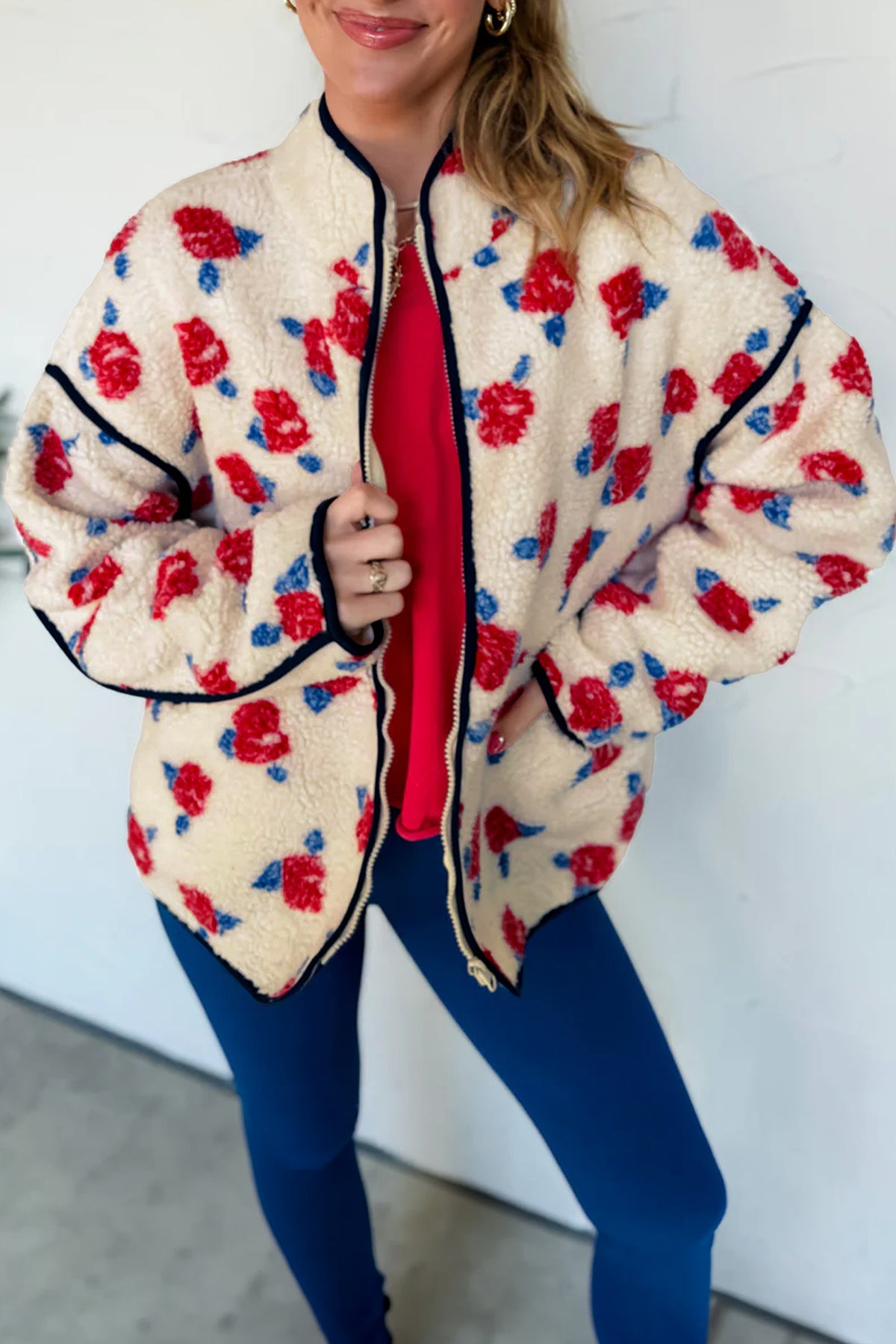 White Floral Print Zipper Stand Neck Outerwear Fleece Coat
