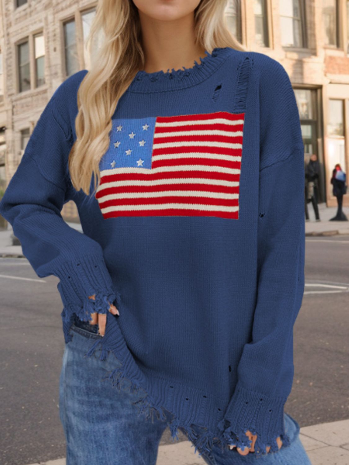 US Flag Distressed Round Neck Long Sleeve Sweater-TOPS / DRESSES-[Adult]-[Female]-2022 Online Blue Zone Planet