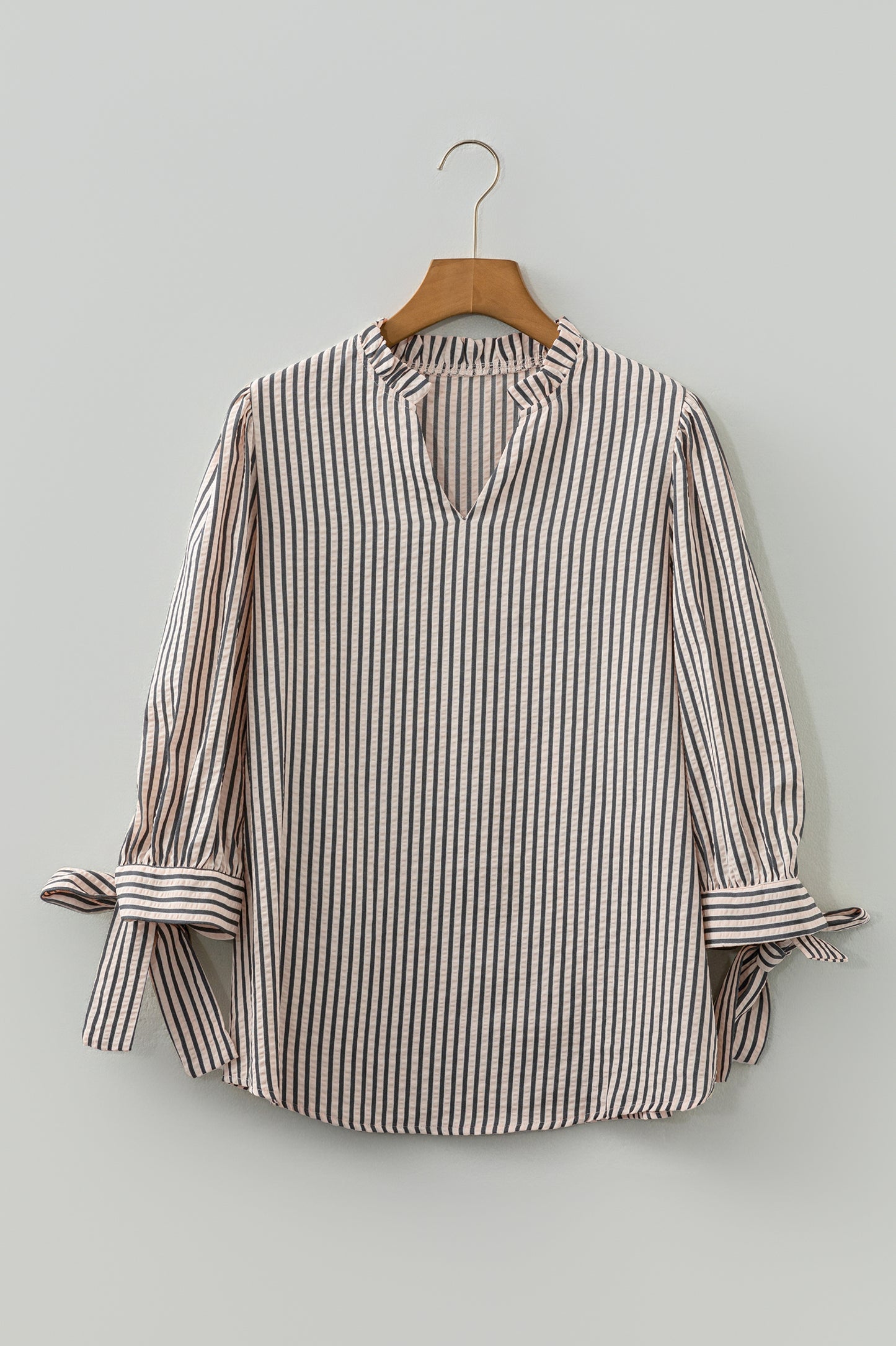 Black Stripe Knotted Cuff Long Sleeve V Neck Blouse-Tops/Blouses & Shirts-[Adult]-[Female]-2022 Online Blue Zone Planet