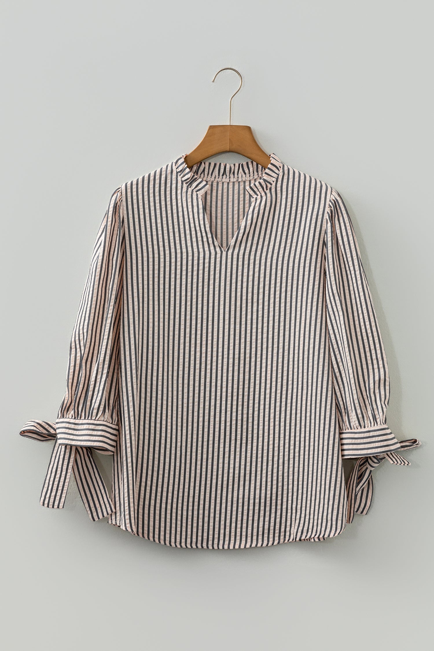 Black Stripe Knotted Cuff Long Sleeve V Neck Blouse-Tops/Blouses & Shirts-[Adult]-[Female]-2022 Online Blue Zone Planet