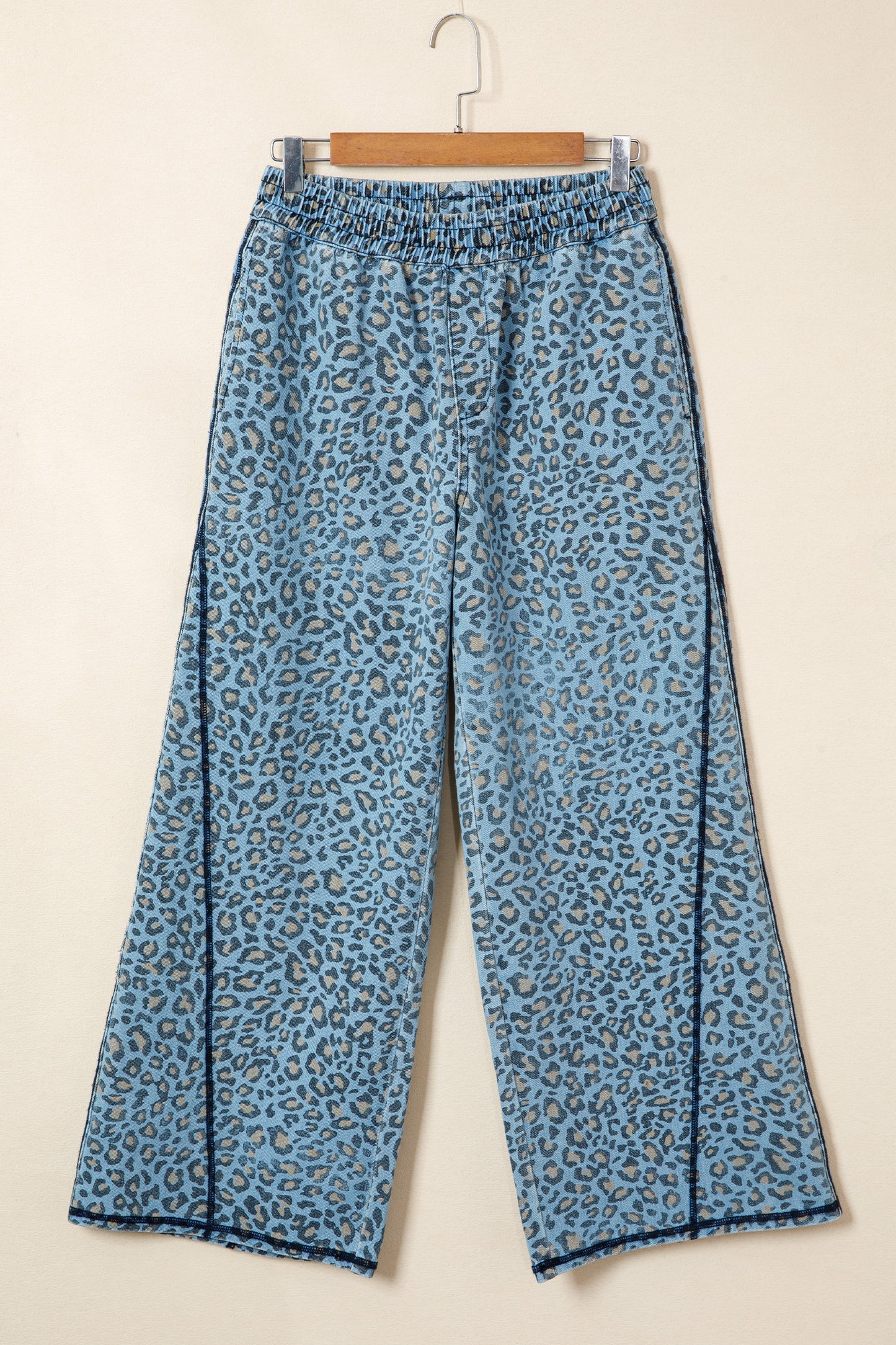 Blue Leopard Print Exposed Seam Detail Wide Leg Drawstring Jeans-Bottoms/Jeans-[Adult]-[Female]-2022 Online Blue Zone Planet