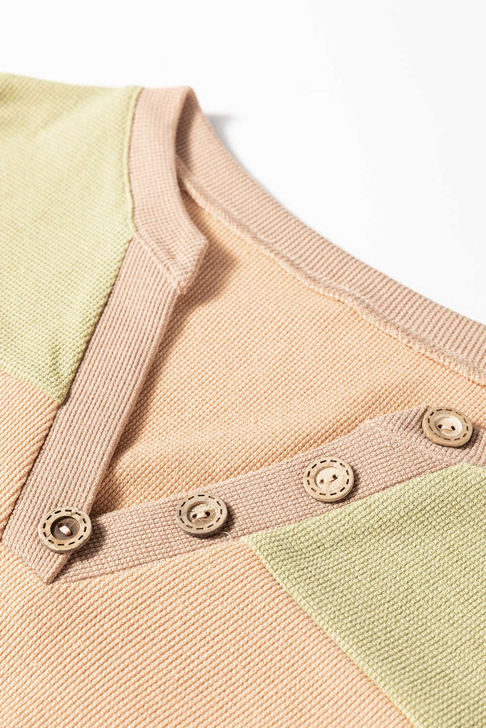 Buckskin Color Block Thermal Textured Knit Drop Shoulder Henley Top-Tops/Long Sleeve Tops-[Adult]-[Female]-2022 Online Blue Zone Planet