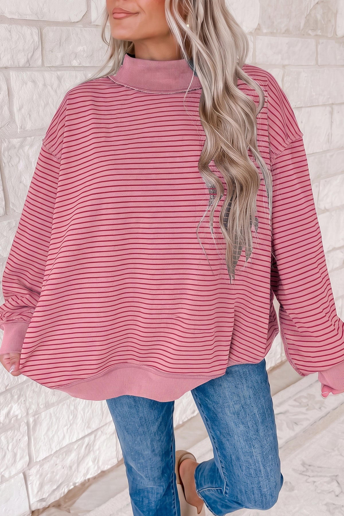 Green Stripe Ribbed Color Block Mock Neck Oversized Sweatshirt-Tops/Sweatshirts & Hoodies-[Adult]-[Female]-2022 Online Blue Zone Planet
