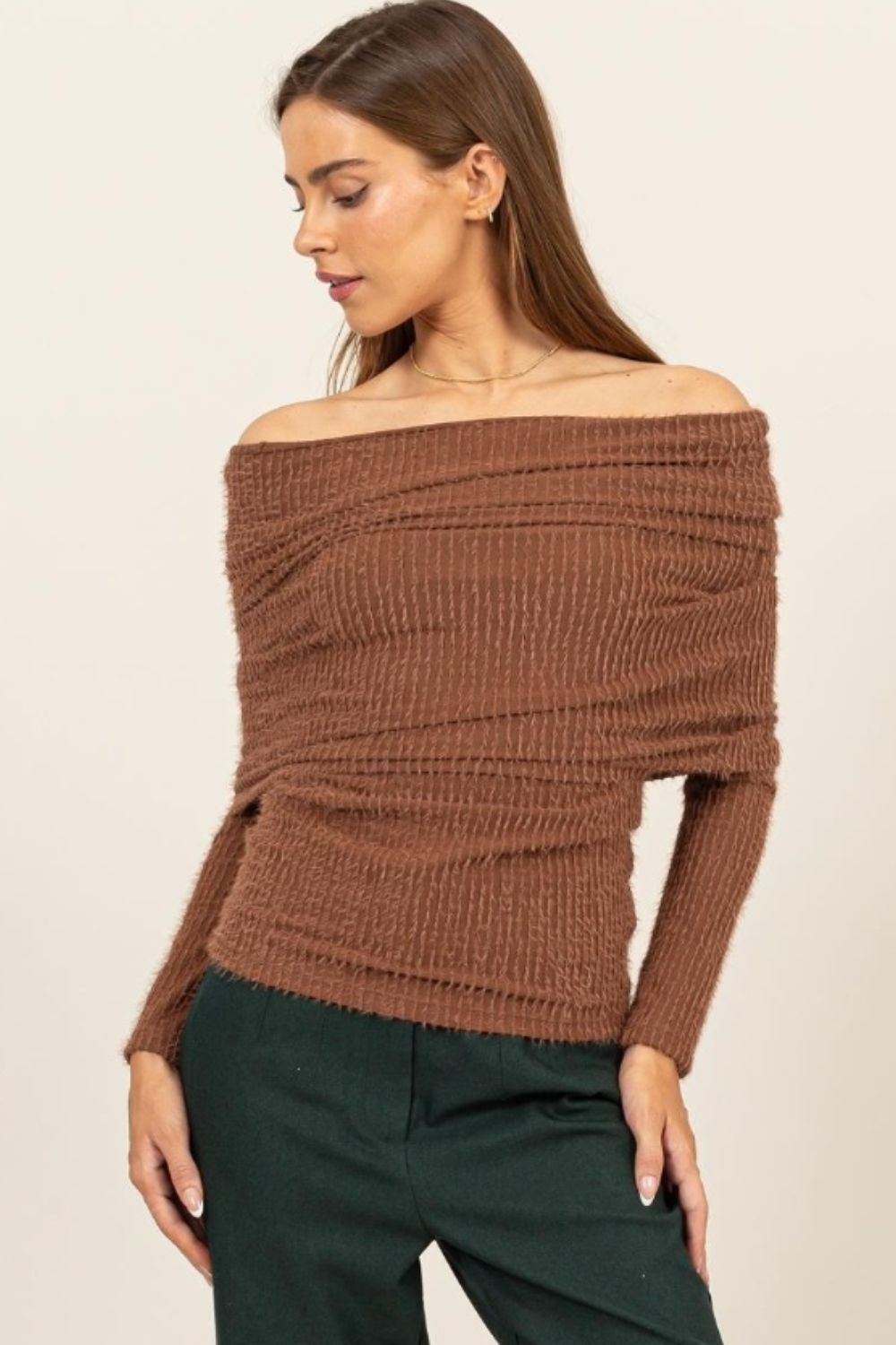 Blue Zone Planet | HYFVE Fuzzy Off Shoulder Textured Knit Top-TOPS / DRESSES-[Adult]-[Female]-Brown-S-2022 Online Blue Zone Planet