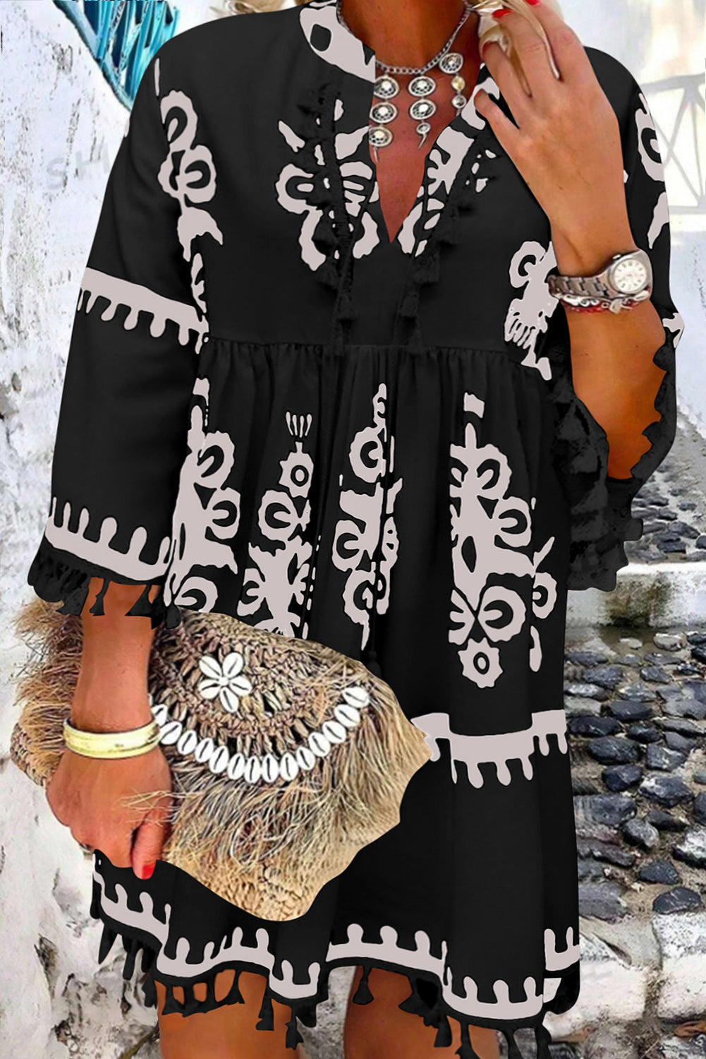 Black Plus Size Western Floral Print Fringed V Neck Dress-Plus Size/Plus Size Dresses/Plus Size Mini Dresses-[Adult]-[Female]-Black-1X-2022 Online Blue Zone Planet