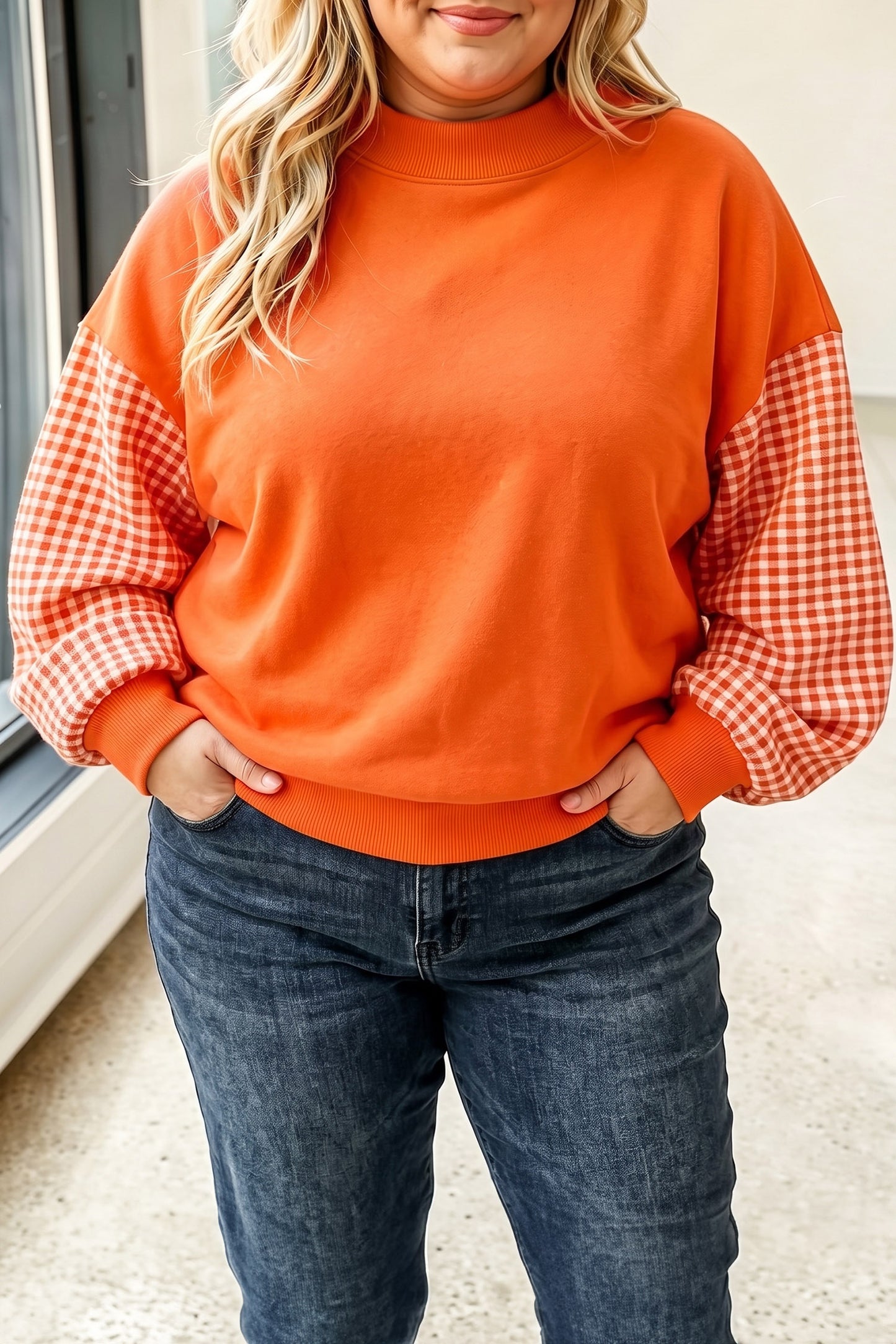 Fiery Red Patchwork Plaid Loose Fit Long Sleeve Plus Size Sweatshirt-Plus Size/Plus Size Sweatshirts & Hoodies-[Adult]-[Female]-Russet Orange-1X-2022 Online Blue Zone Planet