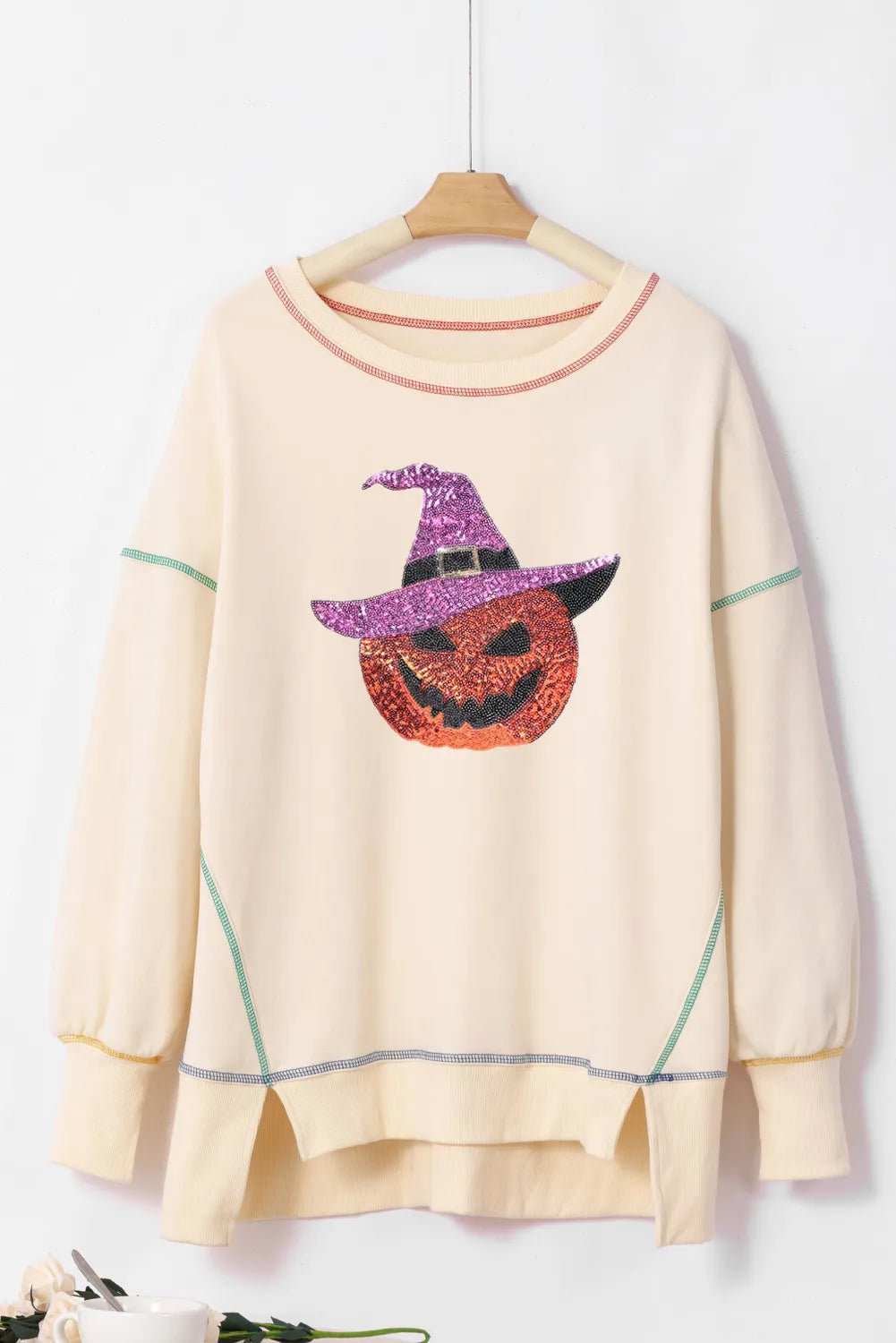 Contrast Stitching Sequin Pumpkin Round Neck Long Sleeve Sweatshirt-TOPS / DRESSES-[Adult]-[Female]-2022 Online Blue Zone Planet