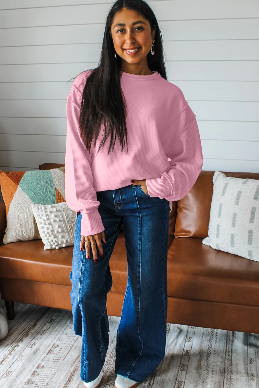 Pink Horizontal Ribbed Exposed Seam Detail Drop Shoulder Baggy Pullover-Tops/Long Sleeve Tops-[Adult]-[Female]-2022 Online Blue Zone Planet
