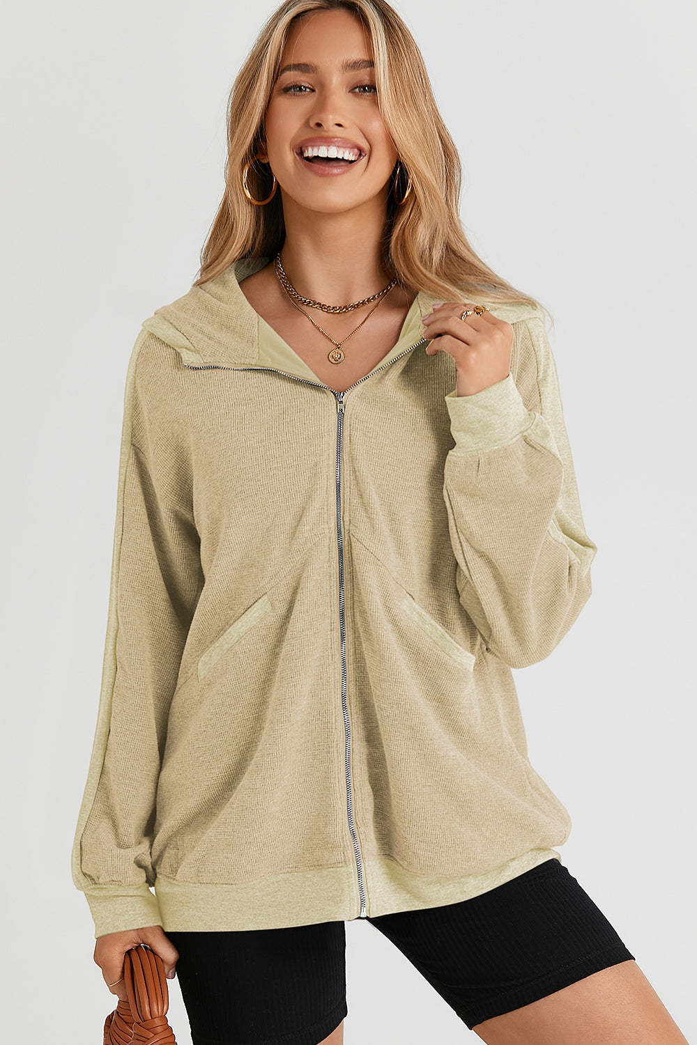 Pocketed Zip Up Dropped Shoulder Hooded Jacket-TOPS / DRESSES-[Adult]-[Female]-Khaki-S-2022 Online Blue Zone Planet