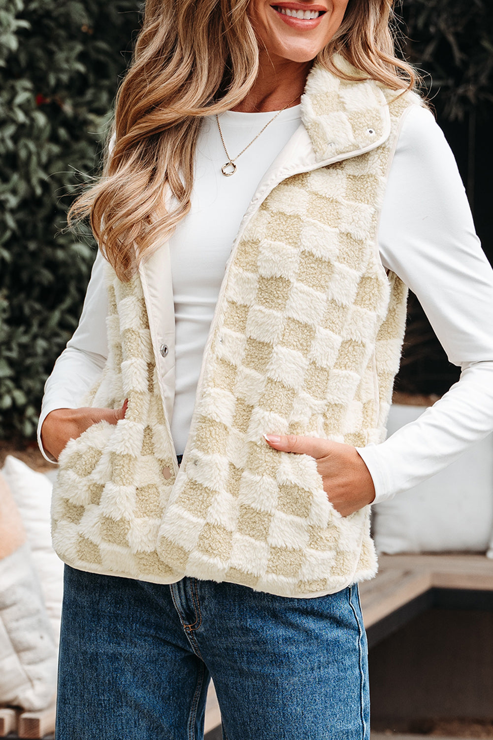Khaki Sherpa Checkerboard Snap Button Vest Jacket With Pocket-Outerwear/Vests-[Adult]-[Female]-2022 Online Blue Zone Planet