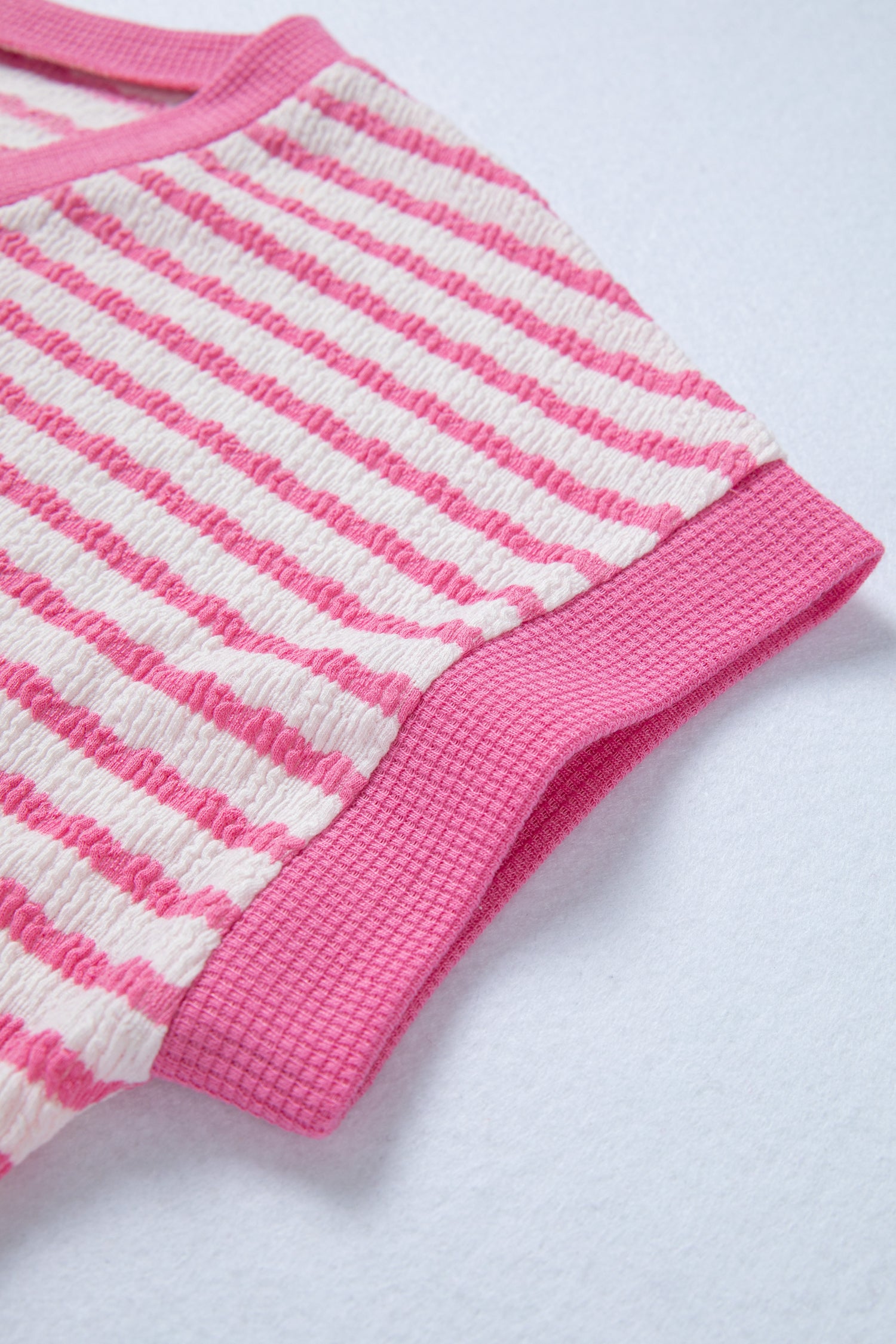 Pink Stripe Textured Knit Contrast Trim V Neck Short Sleeve Top-Tops/Tops & Tees-[Adult]-[Female]-2022 Online Blue Zone Planet