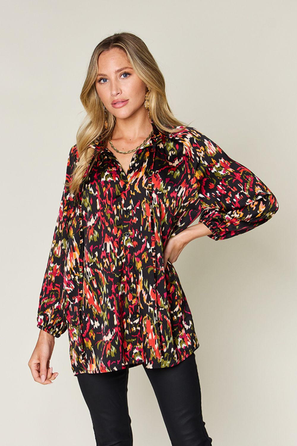 Double Take Full Size Printed Button Up Long Sleeve Shirt-TOPS / DRESSES-[Adult]-[Female]-2022 Online Blue Zone Planet