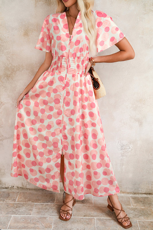 Pink Polka Dot Printed Ruffle Short Sleeve Zip Up Long Dress-TOPS / DRESSES-[Adult]-[Female]-Pink-S-2022 Online Blue Zone Planet