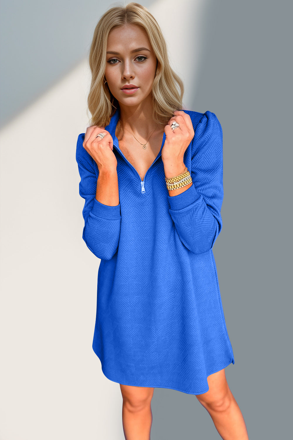 Blue Zone Planet | Double Take Textured Quarter Zip Long Sleeve Dress-TOPS / DRESSES-[Adult]-[Female]-2022 Online Blue Zone Planet