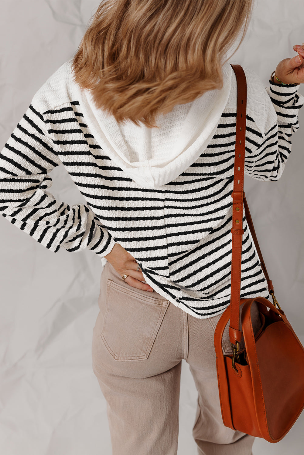 Black Stripe Textured Hooded V Neck Casual Long Sleeve Top-Tops / Dresses-[Adult]-[Female]-2022 Online Blue Zone Planet