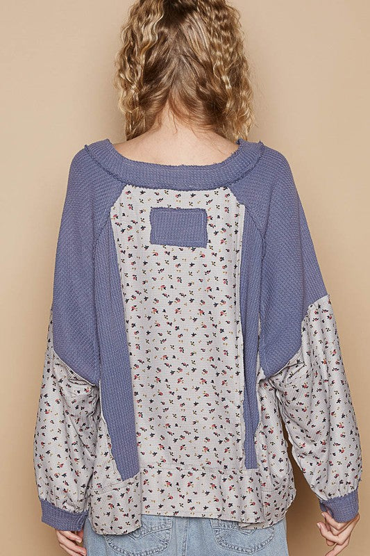 POL Waffle Knit Floral Notched Long Sleeve Top-TOPS / DRESSES-[Adult]-[Female]-2022 Online Blue Zone Planet