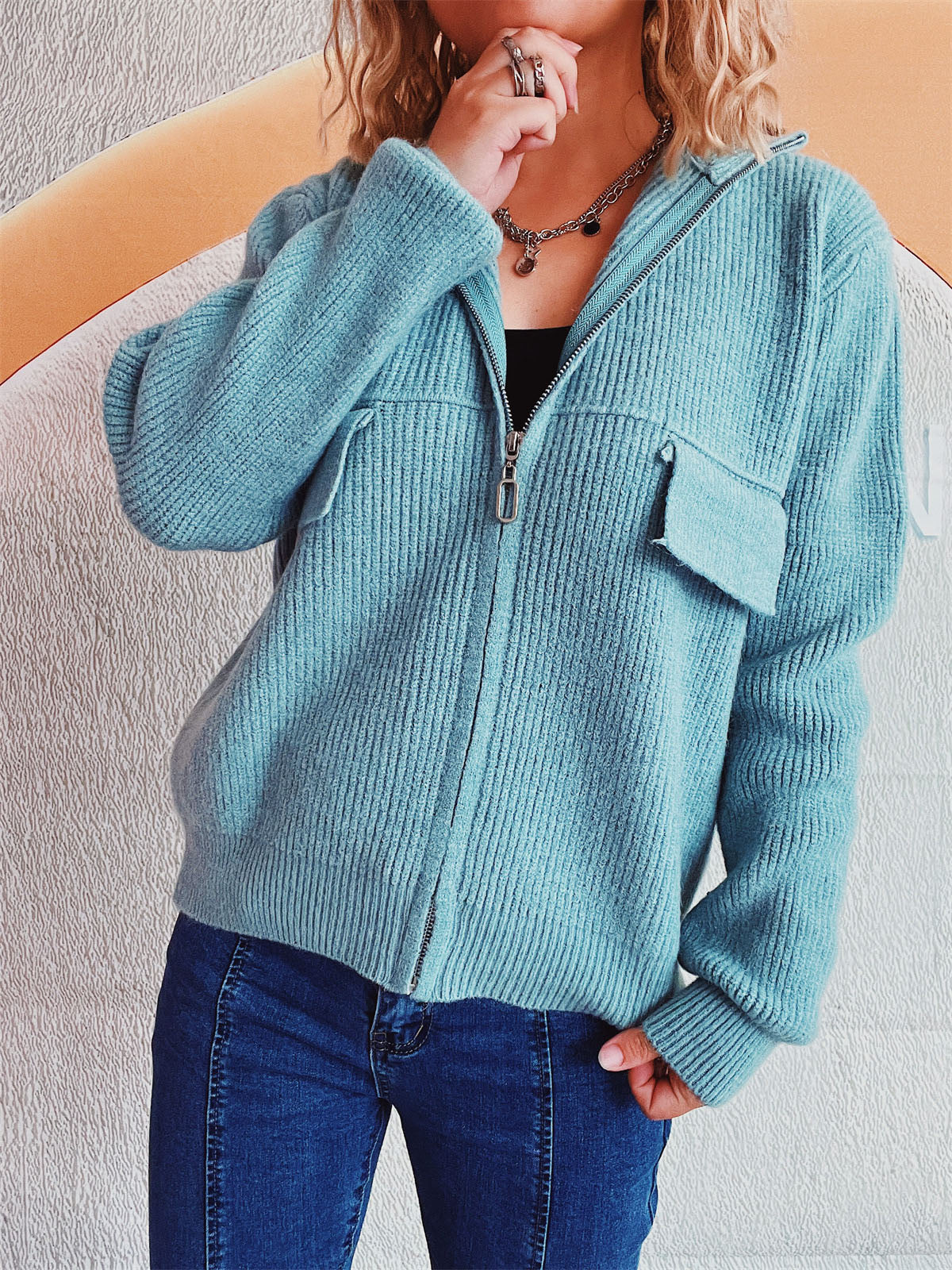 Zip Up Collared Neck Long Sleeve Cardigan-TOPS / DRESSES-[Adult]-[Female]-Pastel Blue-One Size-2022 Online Blue Zone Planet