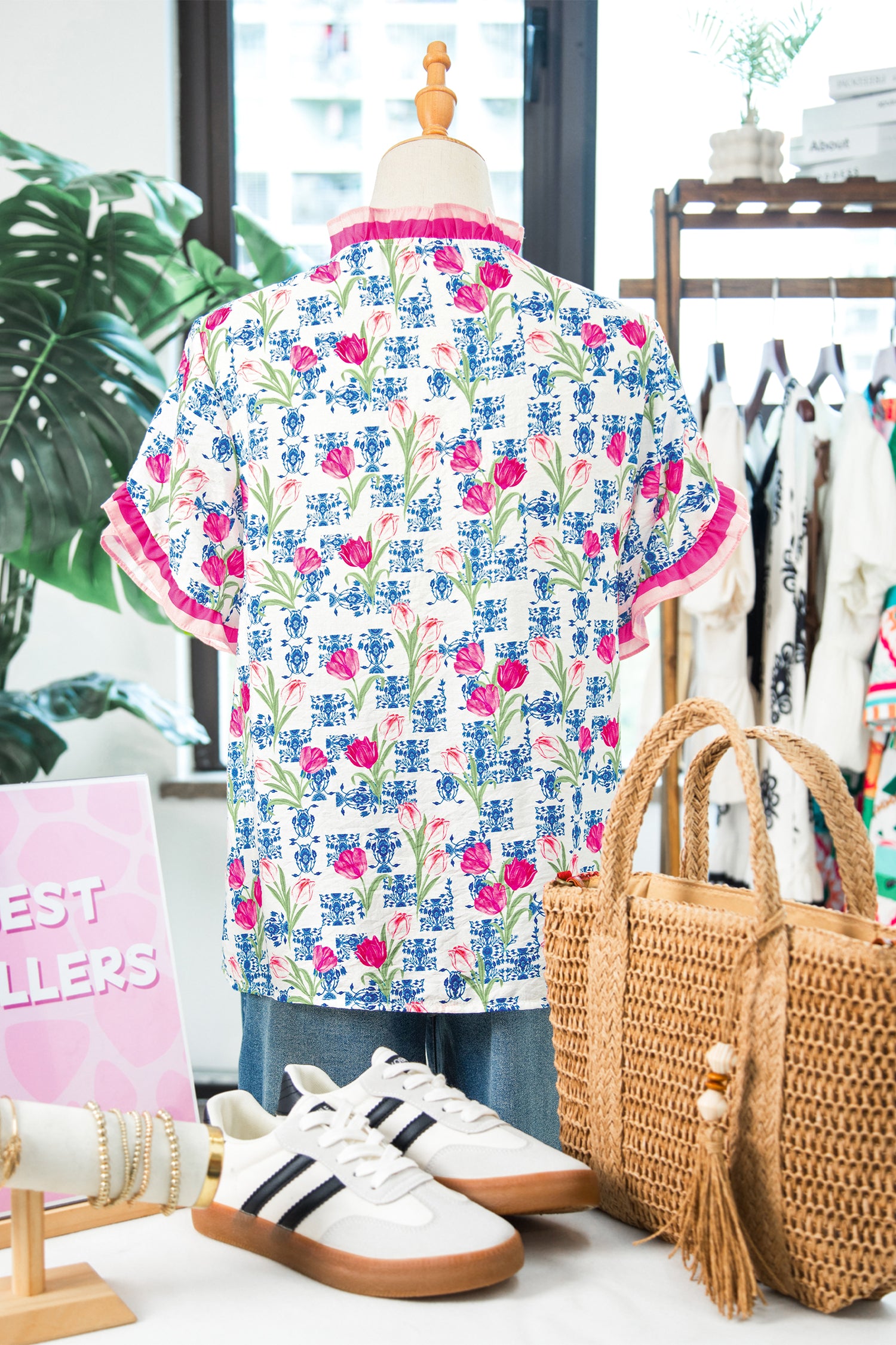 Rose Floral Print Ruffle V-Neck Short Sleeve Loose Tunic Shirt-Tops/Blouses & Shirts-[Adult]-[Female]-2022 Online Blue Zone Planet