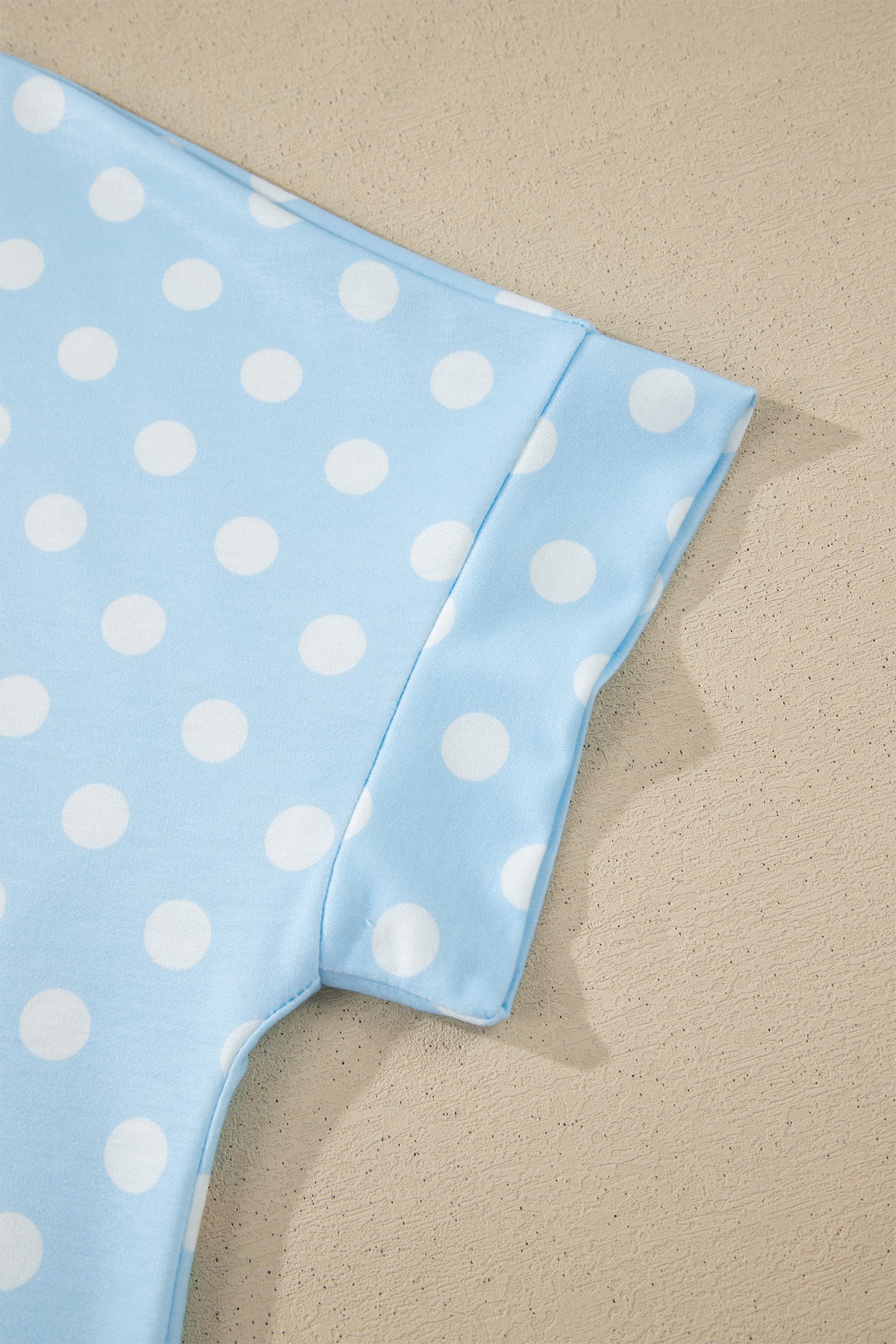 Sky Blue Polka Dot Print Color Block Trim Mock Neck Short Set-Two Piece Sets/Short Sets-[Adult]-[Female]-2022 Online Blue Zone Planet