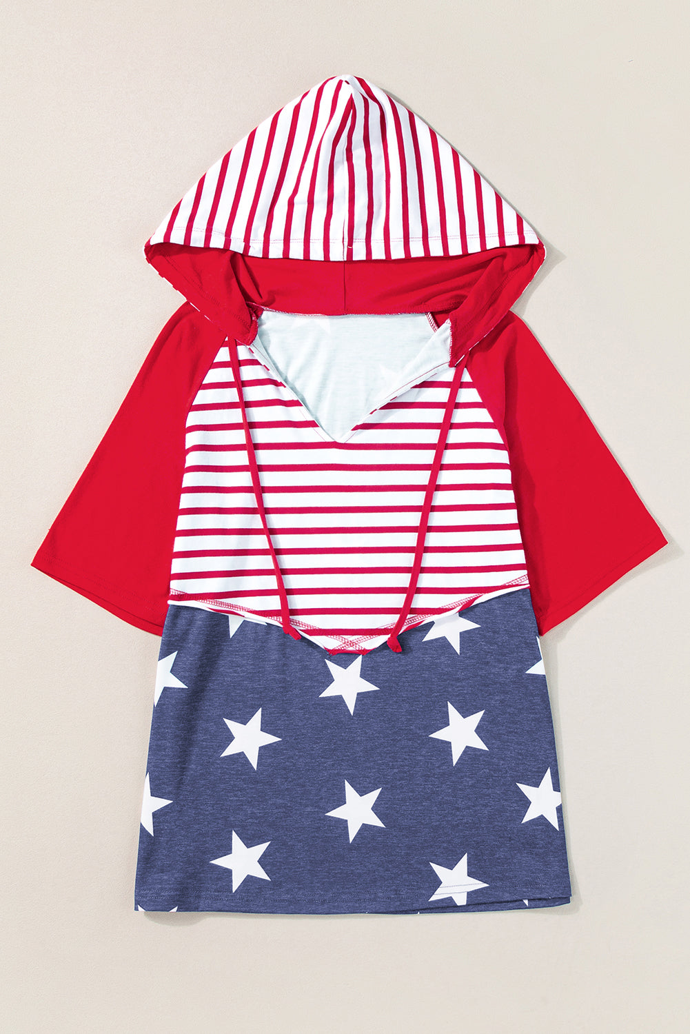 Fiery Red Stars and Stripes Print Drawstring Hooded T Shirt-Tops/Tops & Tees-[Adult]-[Female]-2022 Online Blue Zone Planet